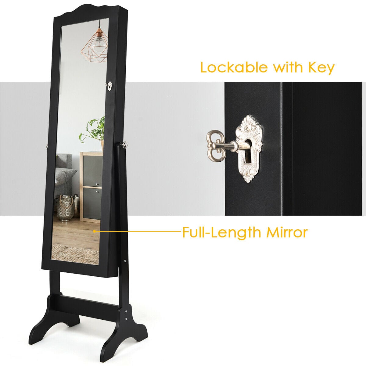Mirrored Lockable Jewelry Cabinet Armoire Organizer Storage Box-Black-Jewelry Armoires-DECOROLALA