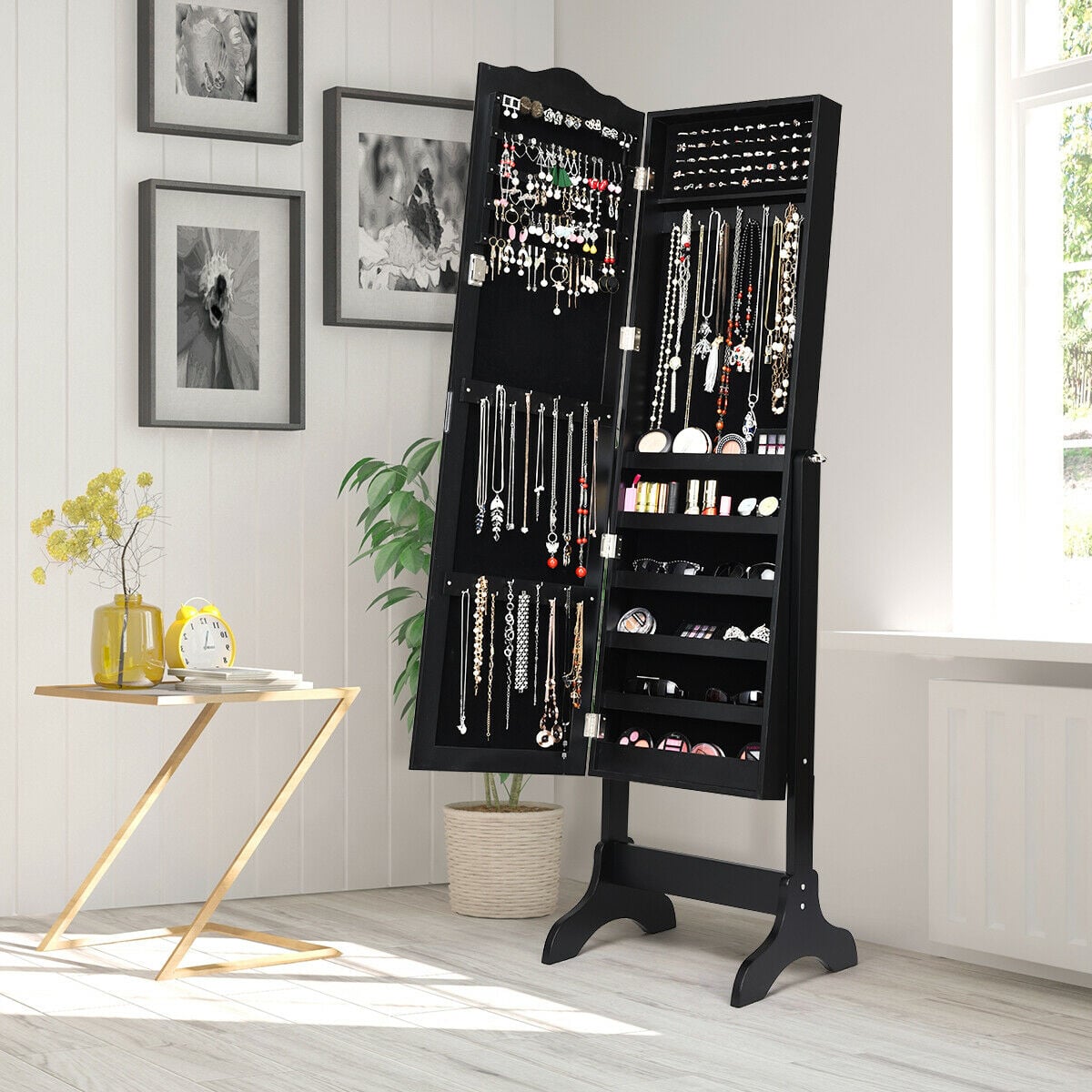 Mirrored Lockable Jewelry Cabinet Armoire Organizer Storage Box-Black-Jewelry Armoires-DECOROLALA