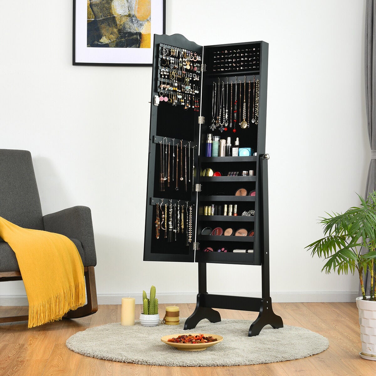 Mirrored Lockable Jewelry Cabinet Armoire Organizer Storage Box-Black-Jewelry Armoires-DECOROLALA