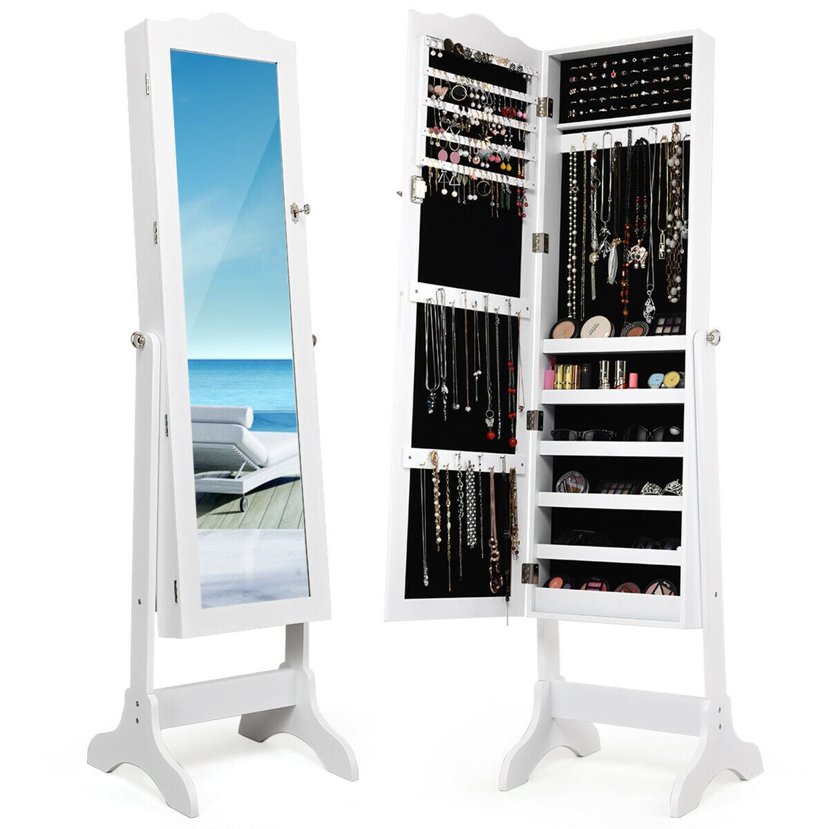 Mirrored Lockable Jewelry Cabinet Armoire Organizer Storage Box-White-Jewelry Armoires-DECOROLALA