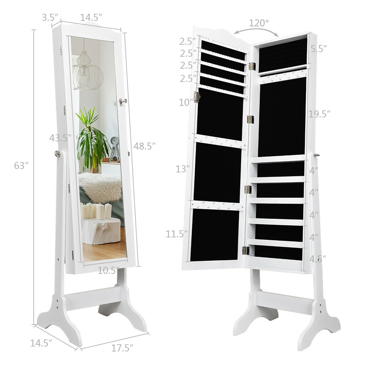 Mirrored Lockable Jewelry Cabinet Armoire Organizer Storage Box-White-Jewelry Armoires-DECOROLALA
