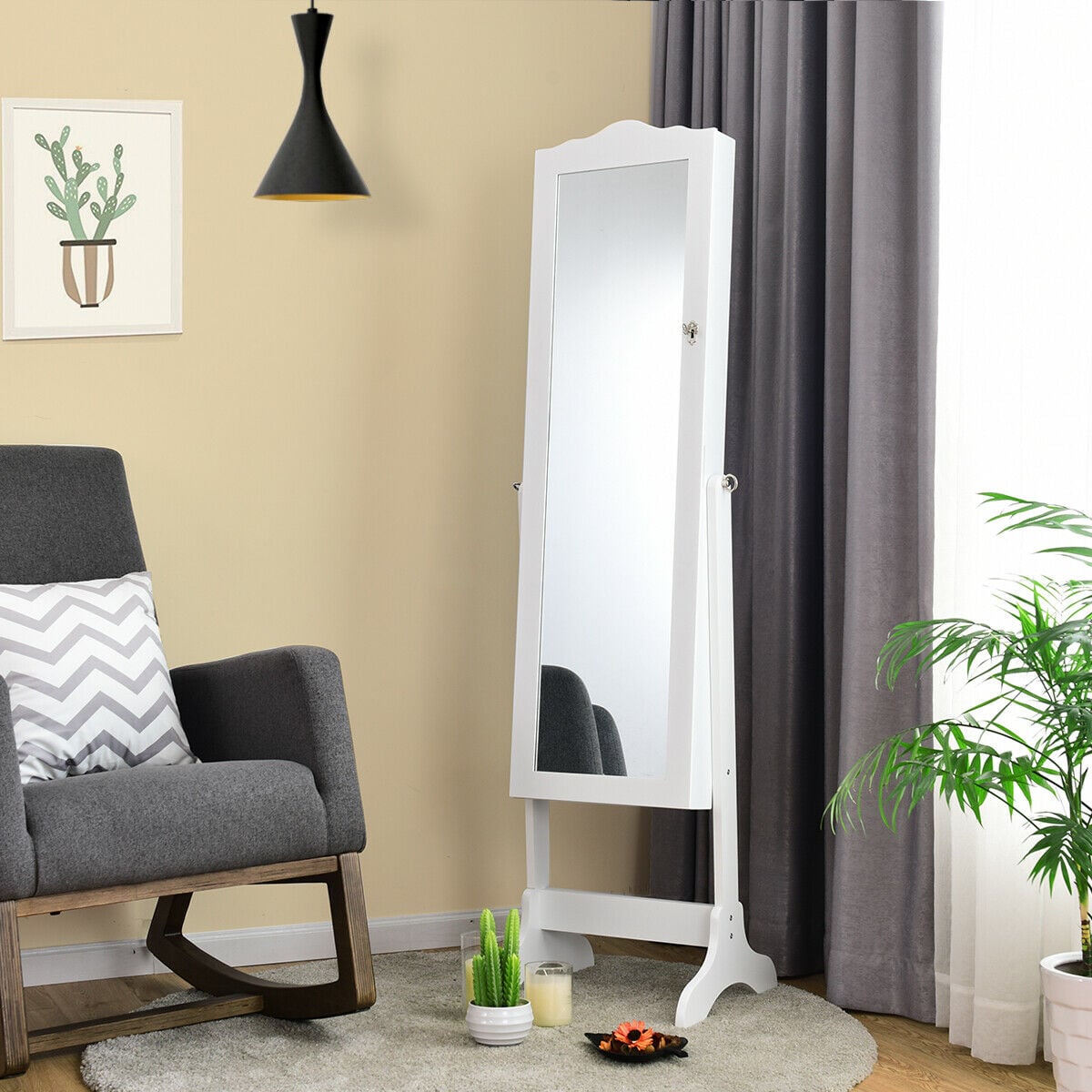 Mirrored Lockable Jewelry Cabinet Armoire Organizer Storage Box-White-Jewelry Armoires-DECOROLALA