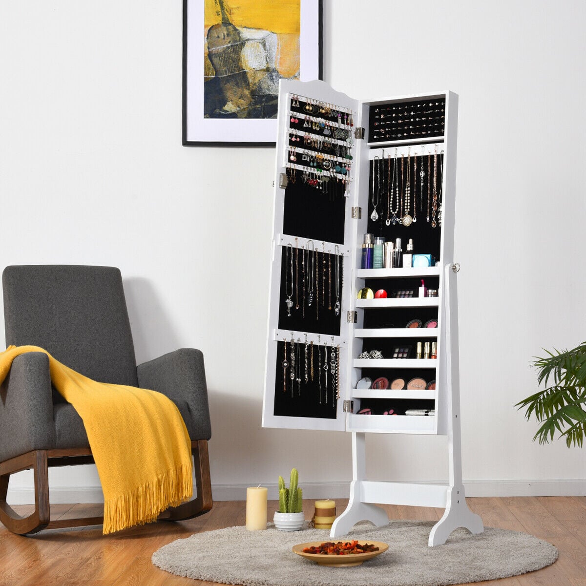 Mirrored Lockable Jewelry Cabinet Armoire Organizer Storage Box-White-Jewelry Armoires-DECOROLALA