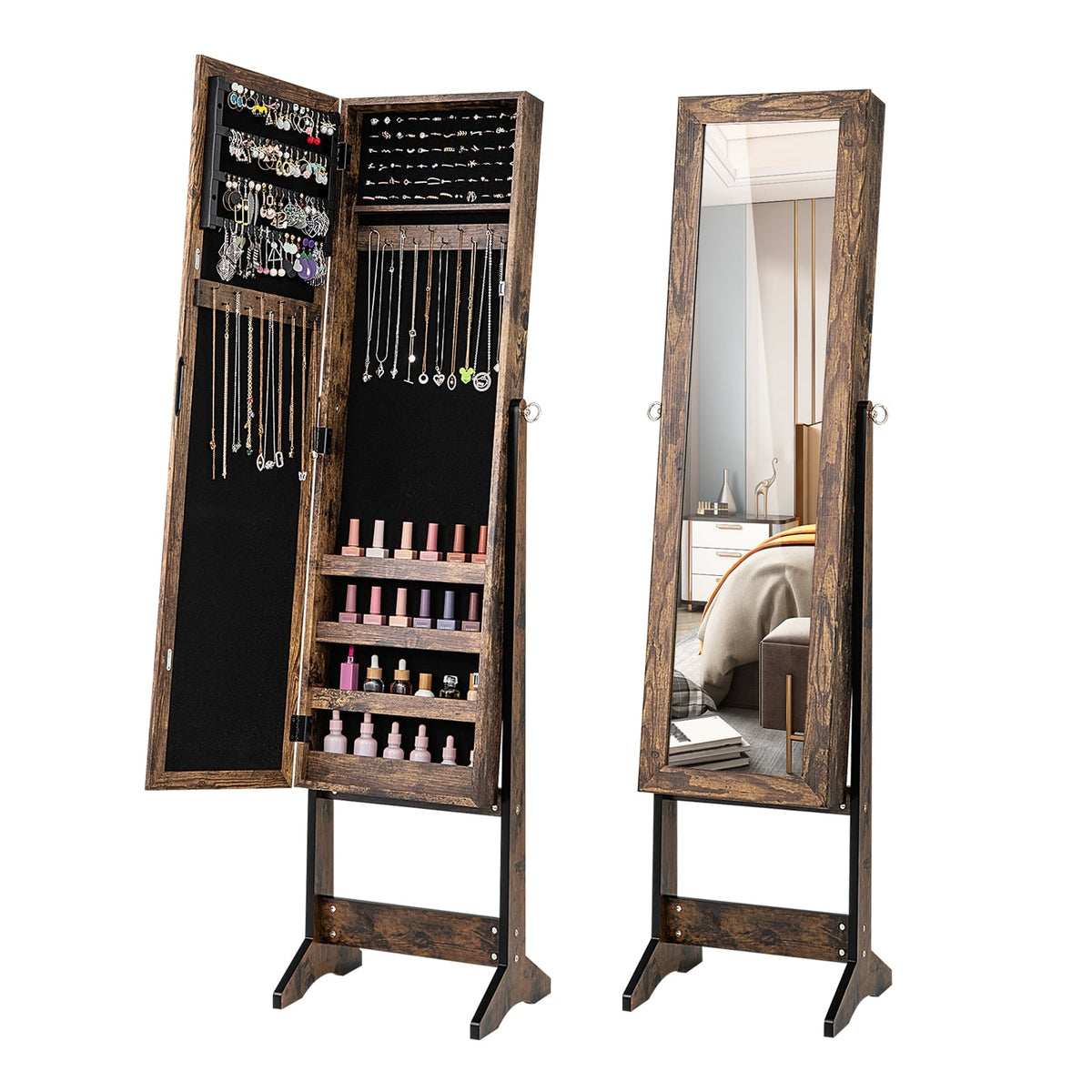 Mirrored Standing Jewelry Cabinet Storage Box-Brown-Jewelry Armoires-DECOROLALA