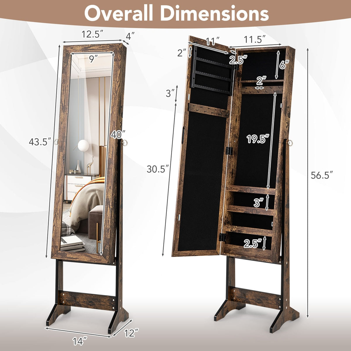 Mirrored Standing Jewelry Cabinet Storage Box-Brown-Jewelry Armoires-DECOROLALA