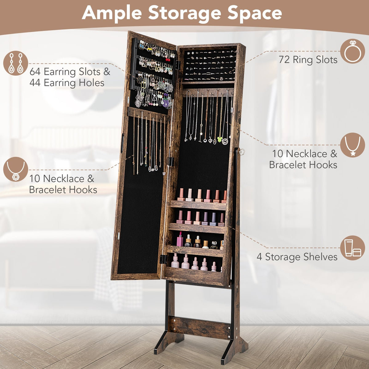 Mirrored Standing Jewelry Cabinet Storage Box-Brown-Jewelry Armoires-DECOROLALA