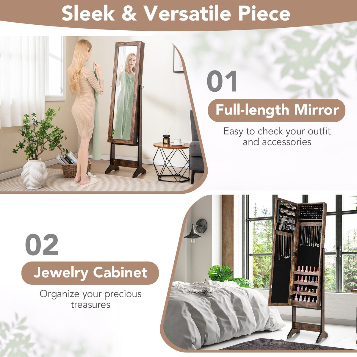 Mirrored Standing Jewelry Cabinet Storage Box-Brown-Jewelry Armoires-DECOROLALA