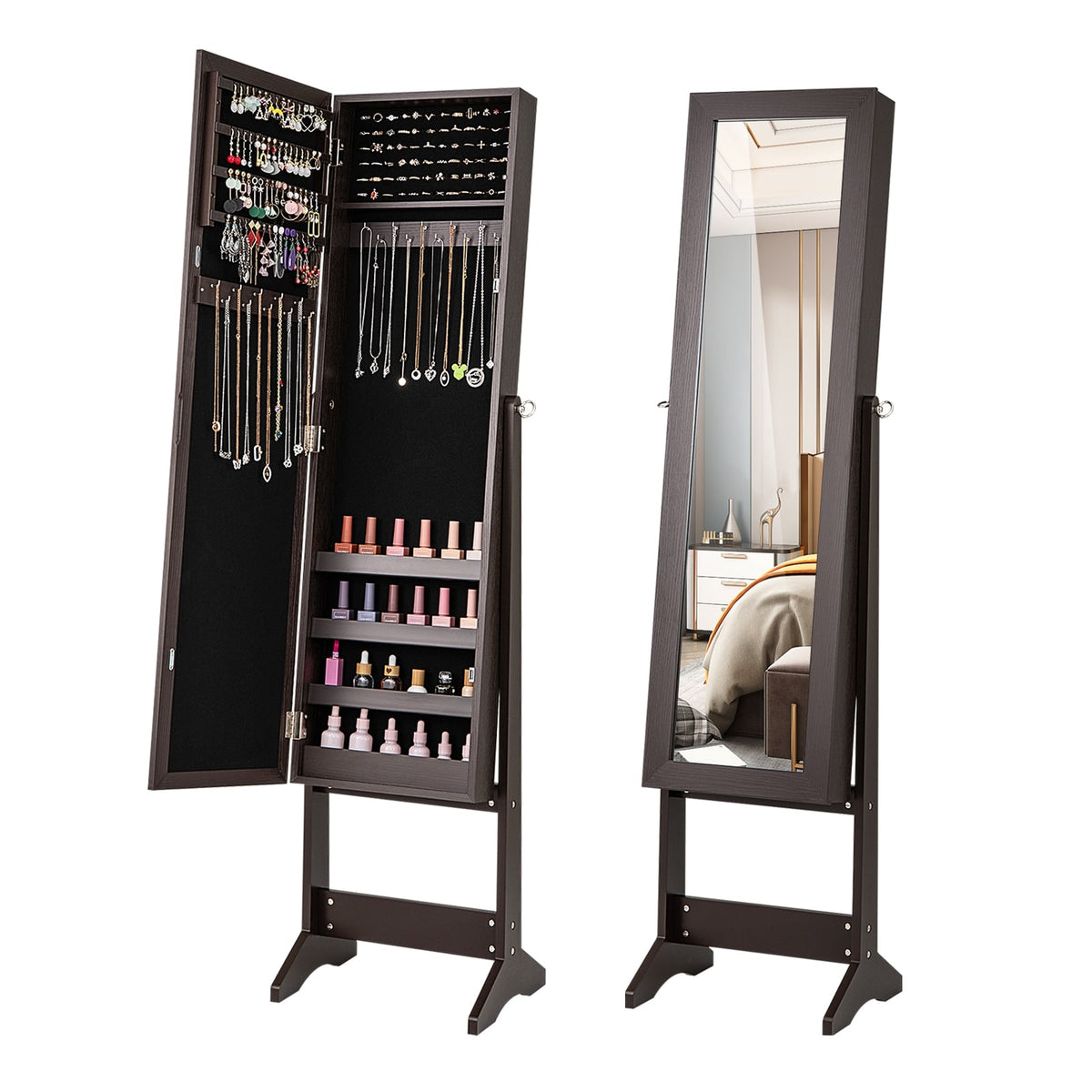 Mirrored Standing Jewelry Cabinet Storage Box-Rustic Brown-Jewelry Armoires-DECOROLALA