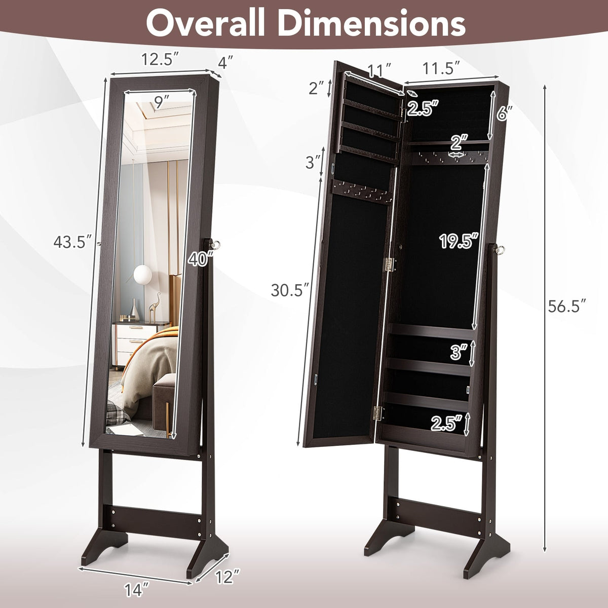 Mirrored Standing Jewelry Cabinet Storage Box-Rustic Brown-Jewelry Armoires-DECOROLALA