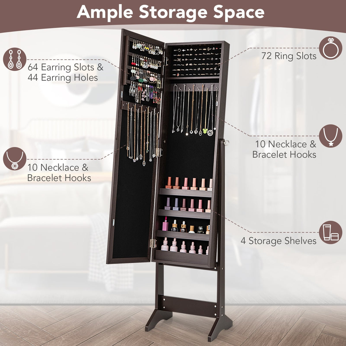 Mirrored Standing Jewelry Cabinet Storage Box-Rustic Brown-Jewelry Armoires-DECOROLALA