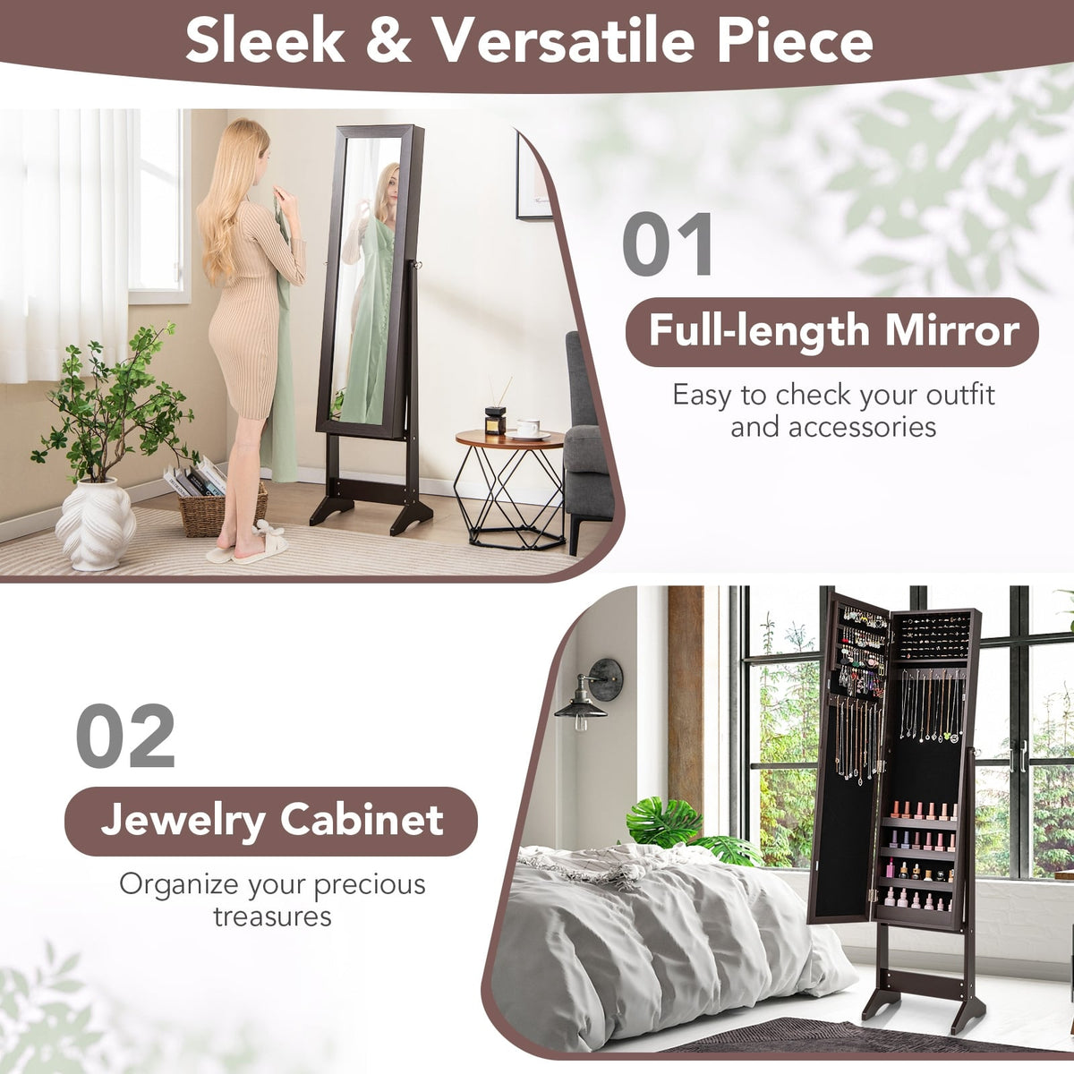 Mirrored Standing Jewelry Cabinet Storage Box-Rustic Brown-Jewelry Armoires-DECOROLALA