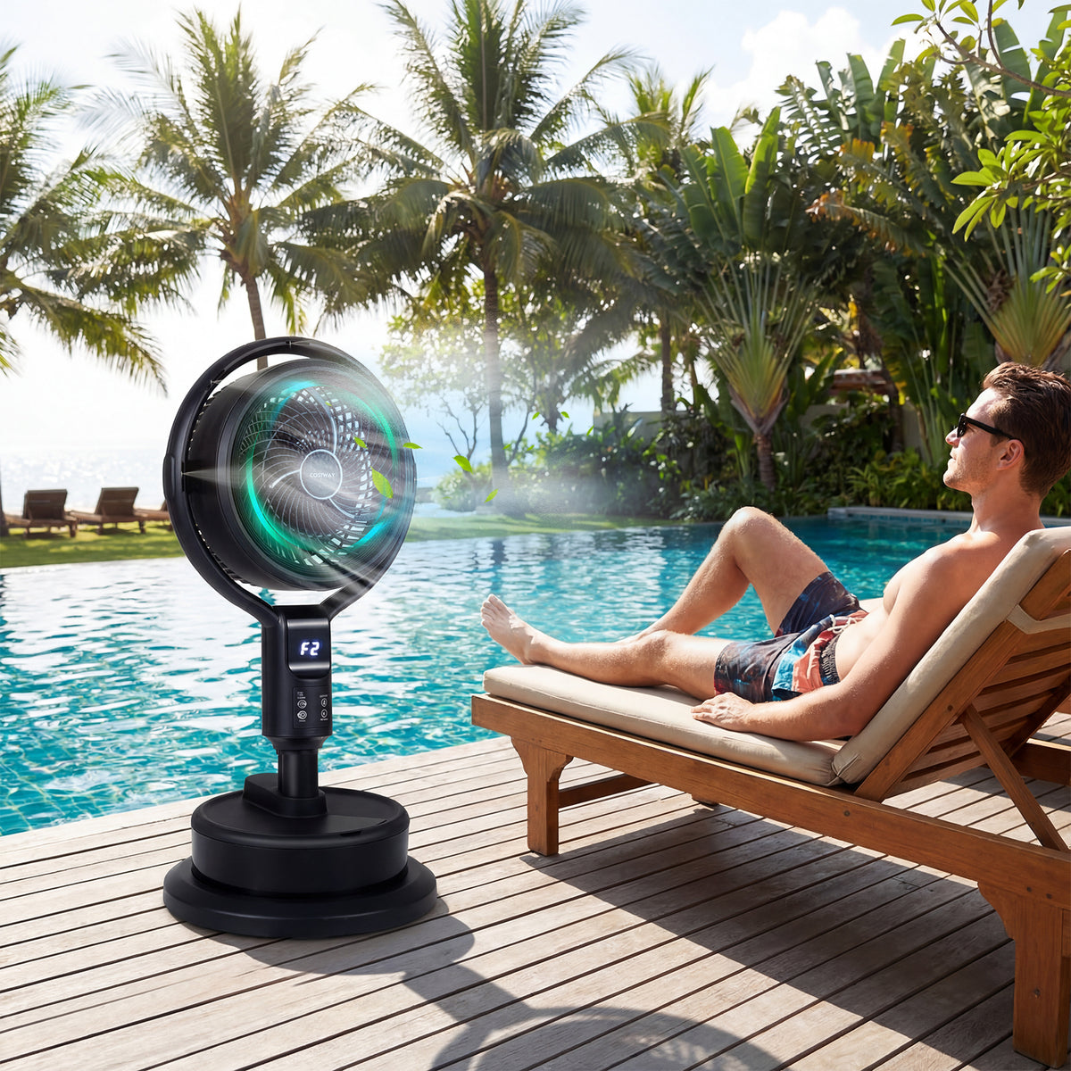 Misting Pedestal Fan Air Circulator with 90° Auto Oscillation Floor Standing Fan with 8 Speeds-Black-Fans-DECOROLALA