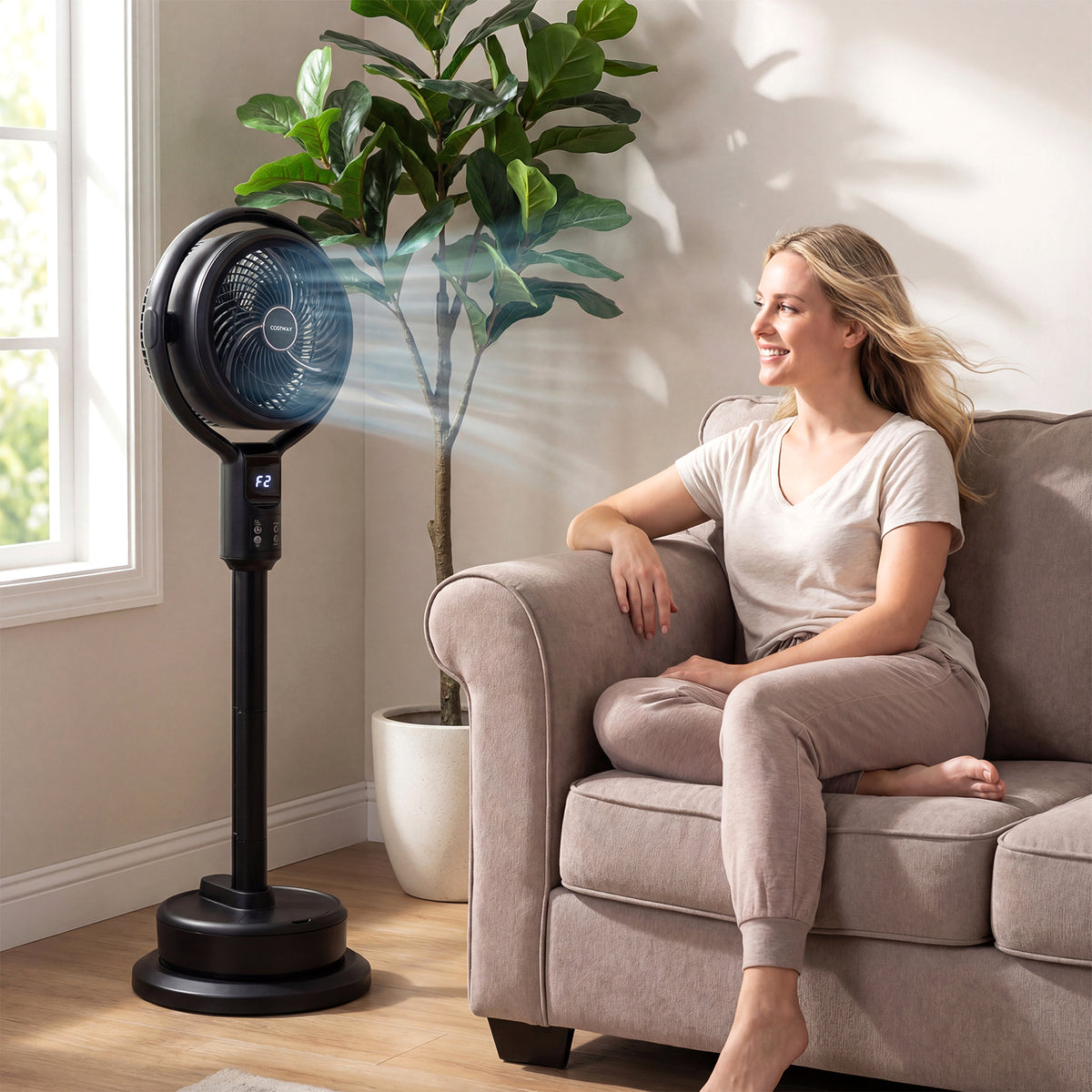 Misting Pedestal Fan Air Circulator with 90° Auto Oscillation Floor Standing Fan with 8 Speeds-Black-Fans-DECOROLALA