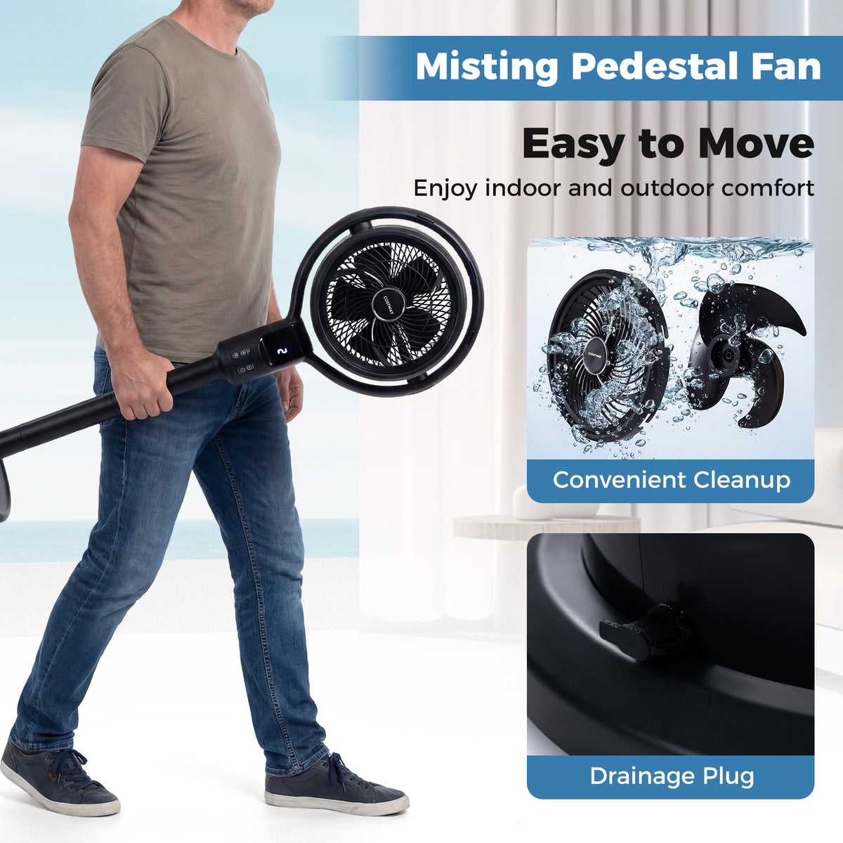 Misting Pedestal Fan Air Circulator with 90° Auto Oscillation Floor Standing Fan with 8 Speeds-Black-Fans-DECOROLALA