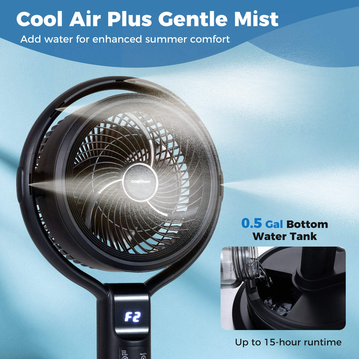 Misting Pedestal Fan Air Circulator with 90° Auto Oscillation Floor Standing Fan with 8 Speeds-Black-Fans-DECOROLALA
