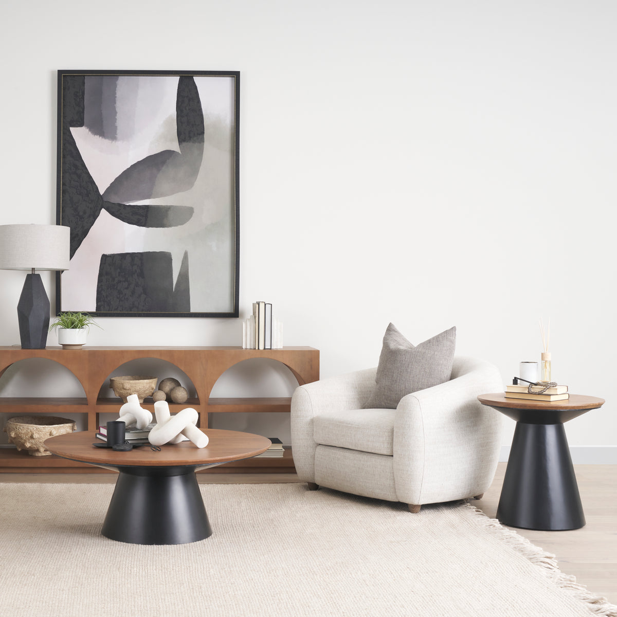 Mitchell 22.0L x 22.0W x 23.0H Black Metal Pedetal Base with Brown Wood Top Side Table-End and Side Tables-DECOROLALA