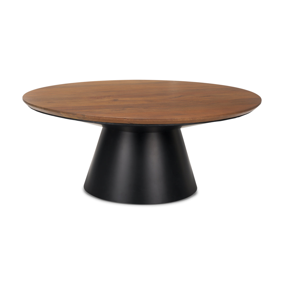 Mitchell 40.0L x 40.0W x 16.0H Black Metal Pedestal Base with Brown Wood Top Coffee Table-Coffee Tables-DECOROLALA
