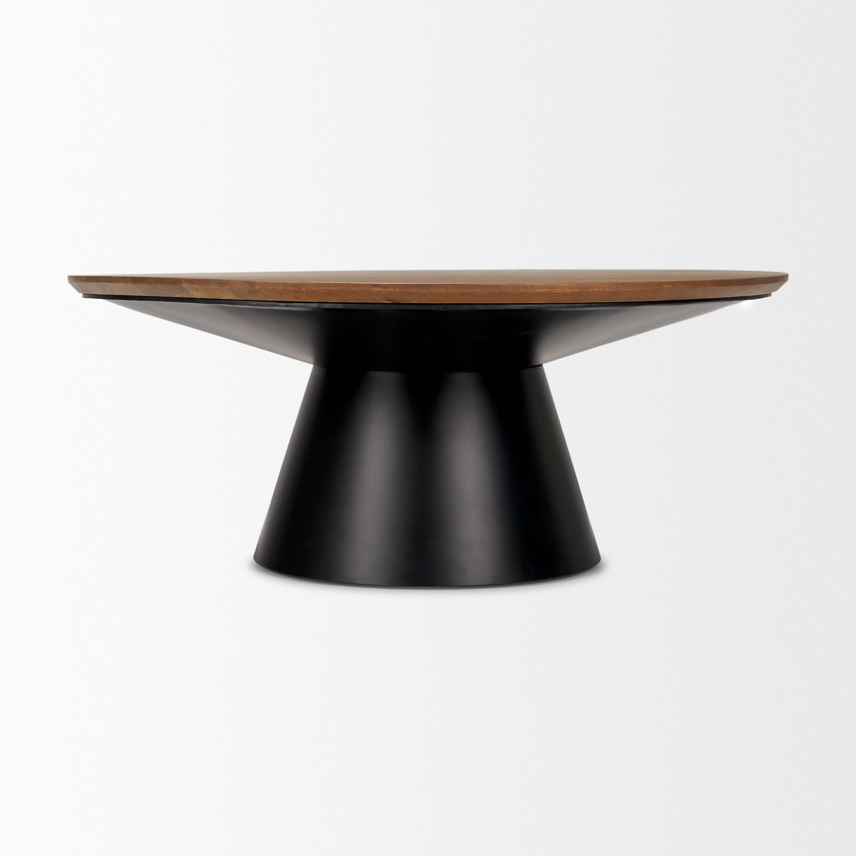 Mitchell 40.0L x 40.0W x 16.0H Black Metal Pedestal Base with Brown Wood Top Coffee Table-Coffee Tables-DECOROLALA