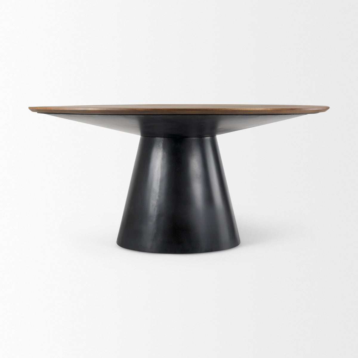 Mitchell 63"L x 63"W Pedestal Dining Table | Med Brown Wood & Black Metal | Seats 6-Dining Tables-DECOROLALA