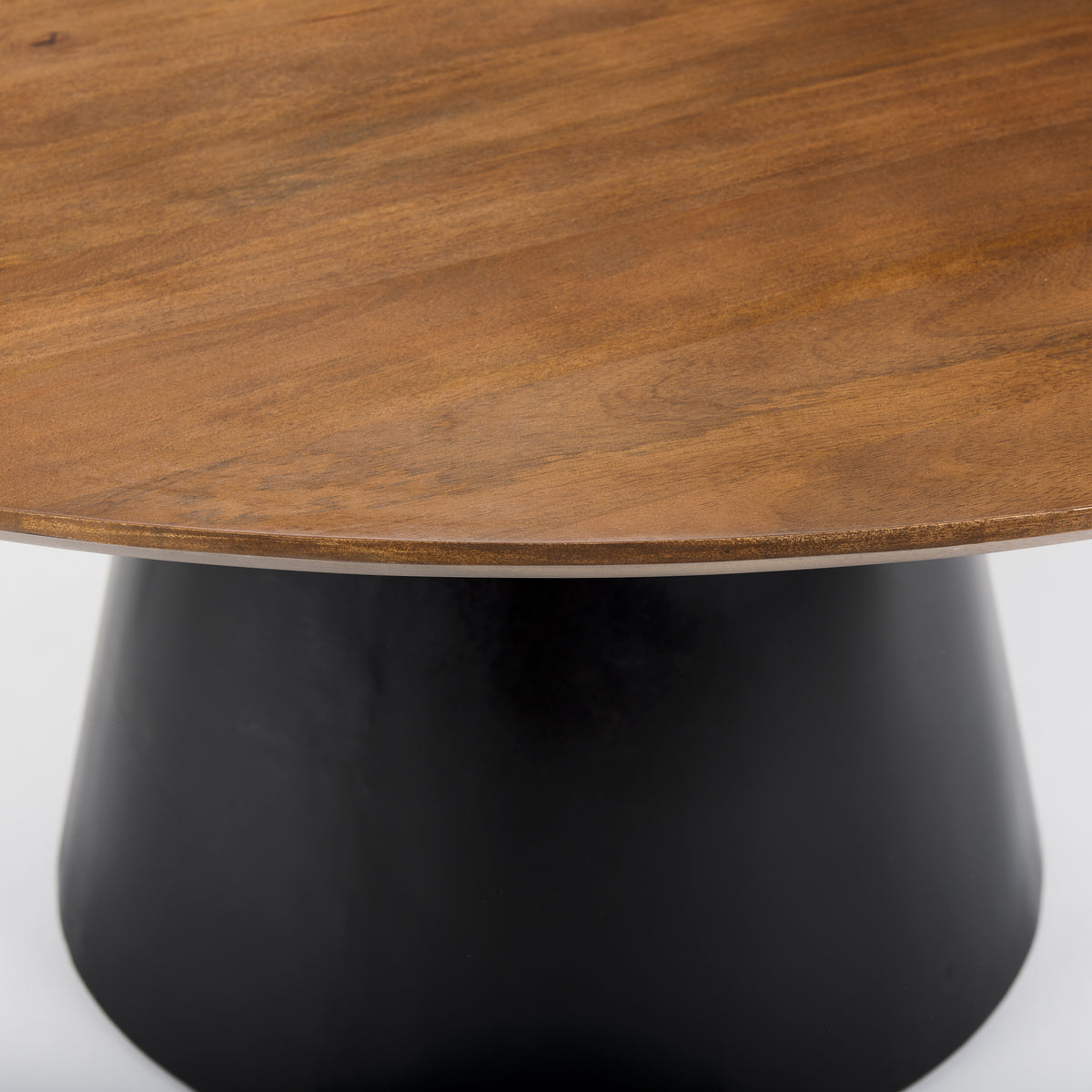 Mitchell 63"L x 63"W Pedestal Dining Table | Med Brown Wood & Black Metal | Seats 6-Dining Tables-DECOROLALA