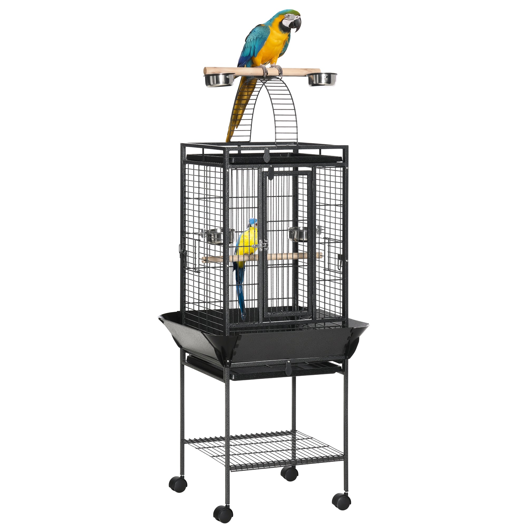 Cage à oiseaux de 61.5 pouces, maison pour perruches et calopsittes avec support, plateau amovible, aire de jeu supérieure, étagère de rangement, perchoir en bois et récipient à nourriture