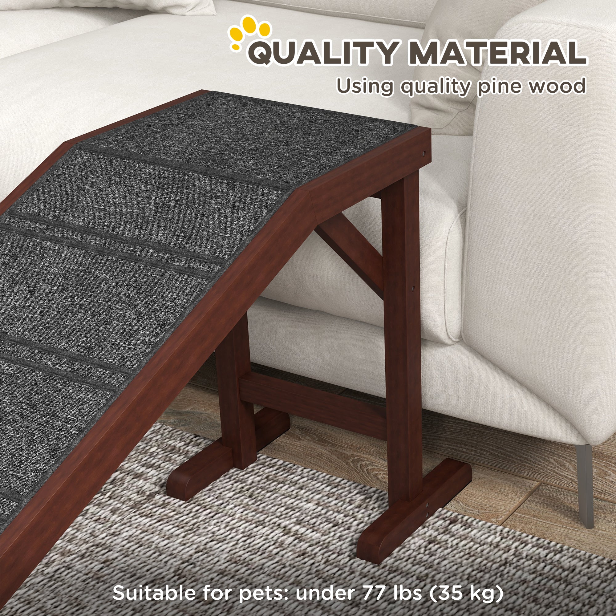 Pet Ramp Bed Steps for Dogs Cats Non-slip Carpet Top Platform Pine Wood 74"L x 16"W x 25"H Brown