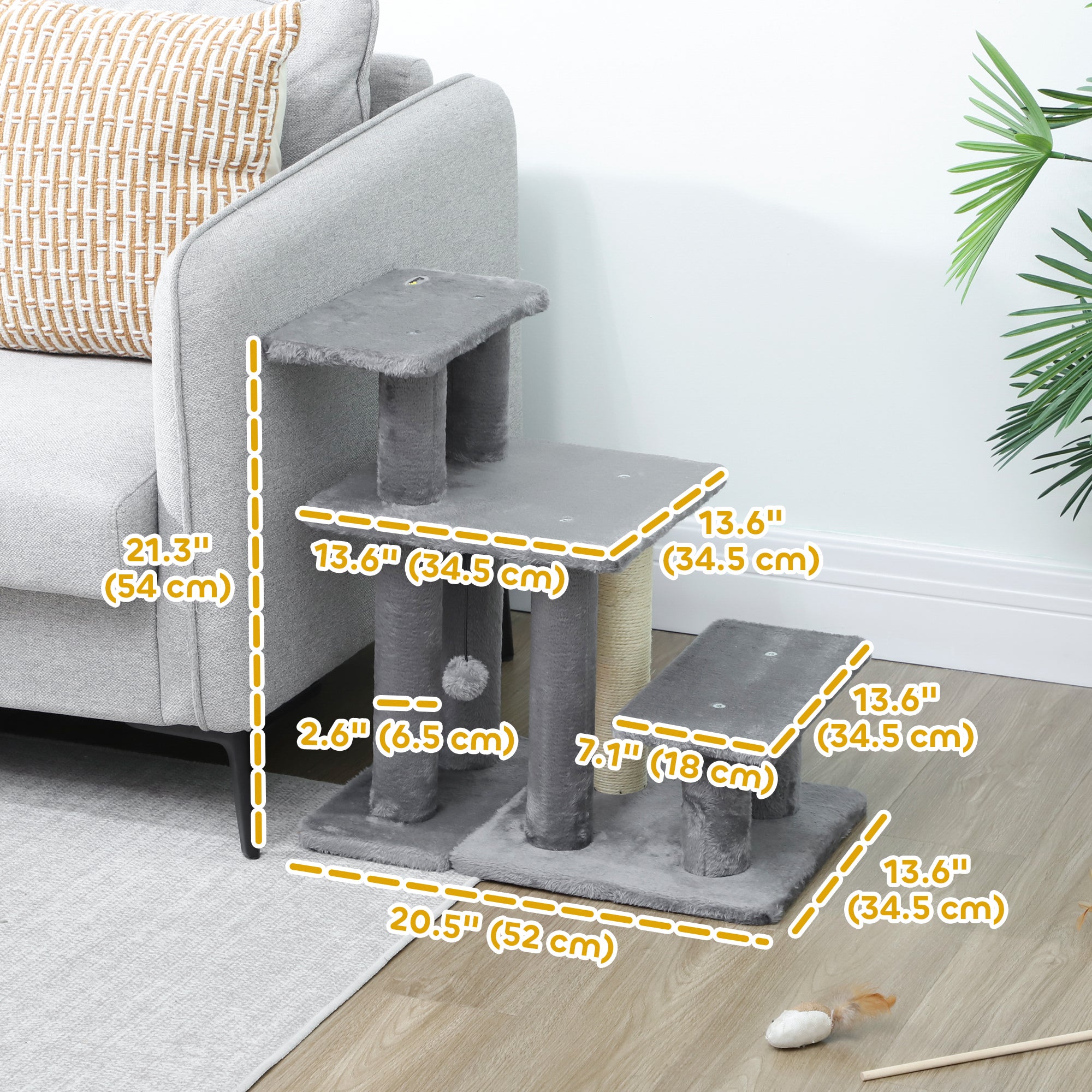 Cat Stairs with Sisal Scratching Post for High Bed Couch, Adjustable 3-Tier Pet Stairs, Grey