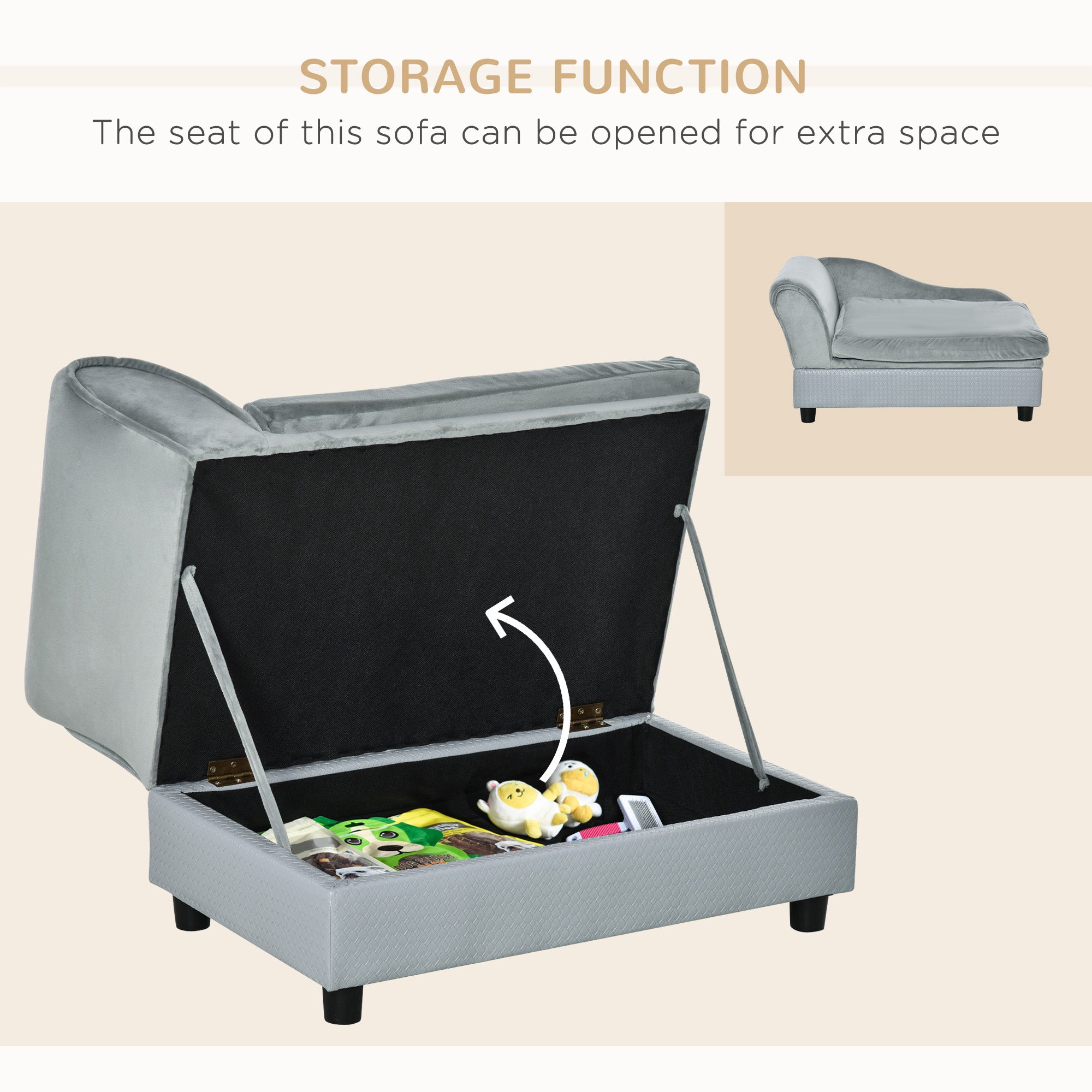 Canapé pour animaux, sofa pour chien, chaise longue et couchage pour animaux avec espace de rangement, petit format, pour chiens de différentes tailles et chats, coussin en éponge, gris clair