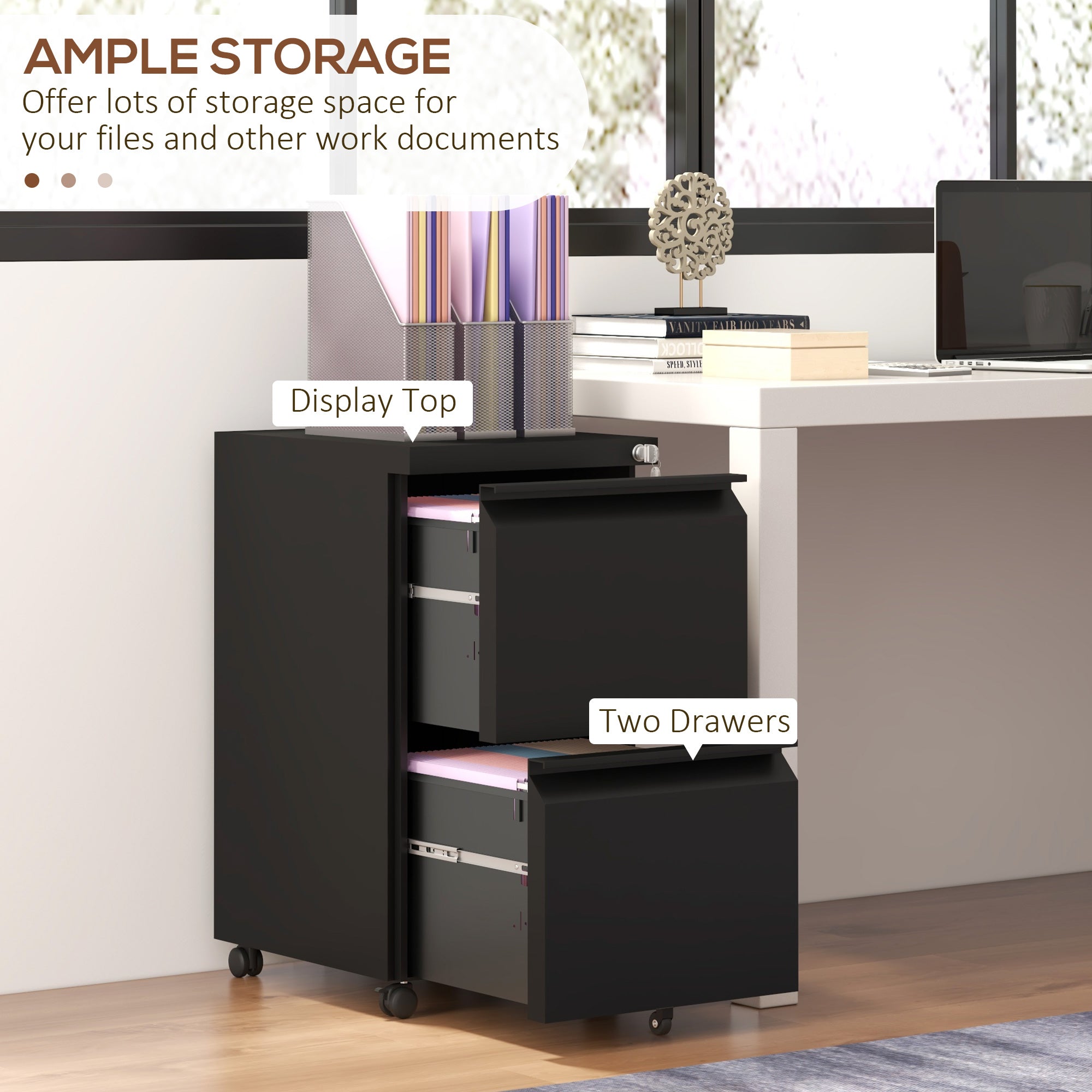 Mobile 2-Drawer Filing Cabinet with Lock, Steel, Adjustable Hanger, Black-DECOROLALA