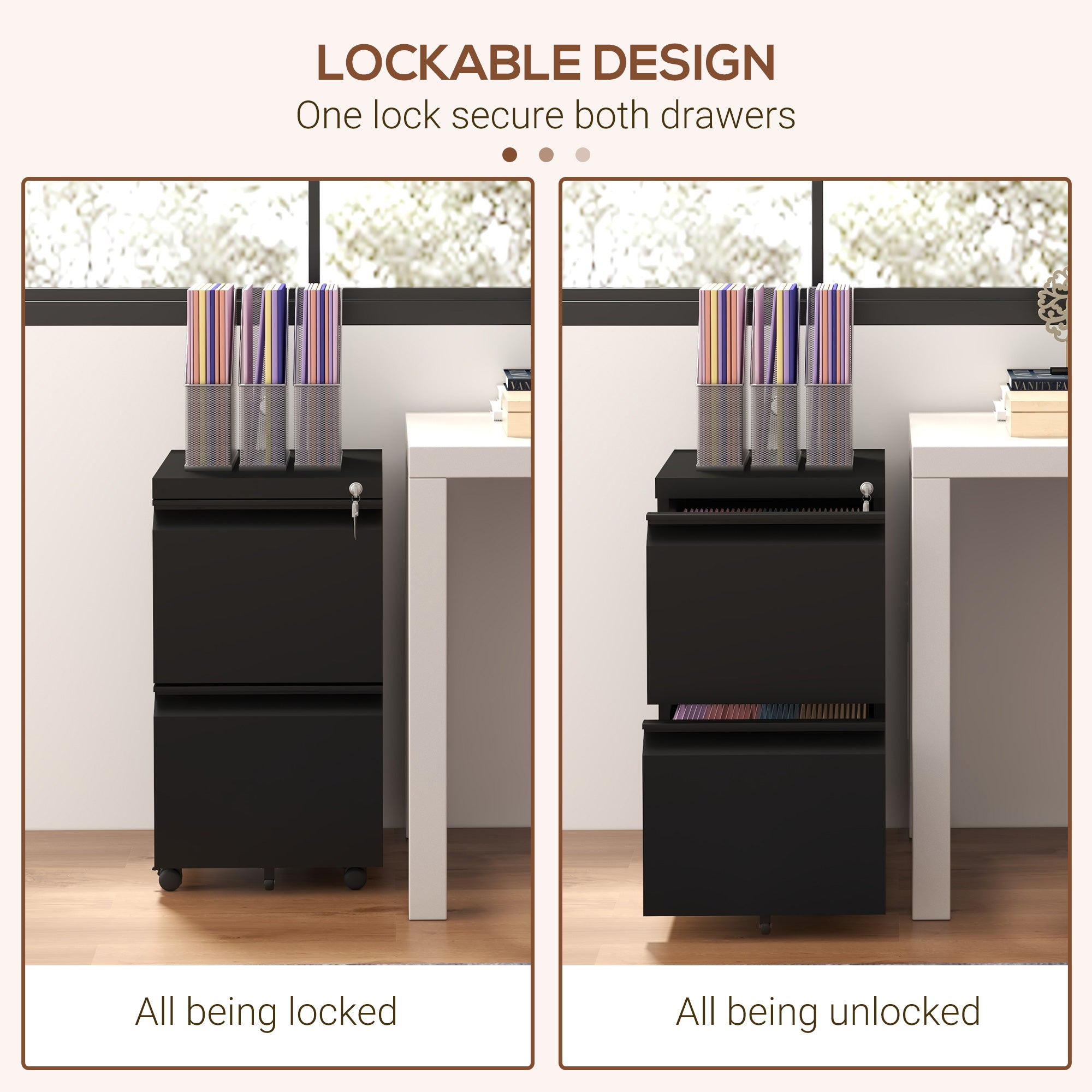 Mobile 2-Drawer Filing Cabinet with Lock, Steel, Adjustable Hanger, Black-DECOROLALA
