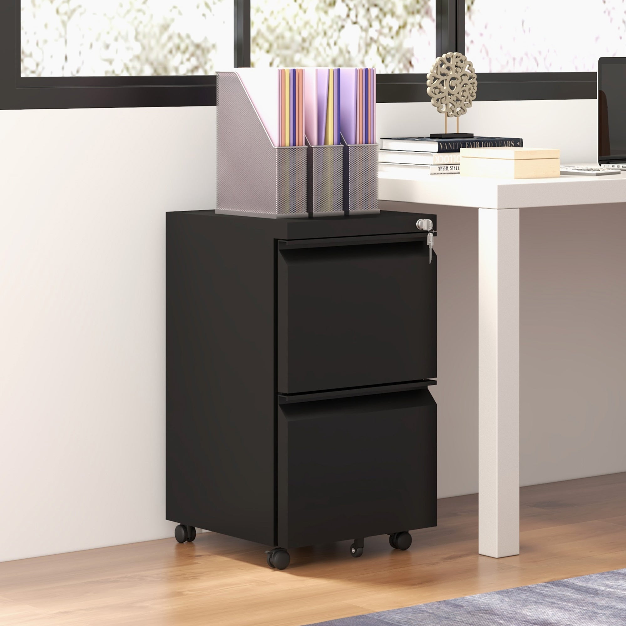 Mobile 2-Drawer Filing Cabinet with Lock, Steel, Adjustable Hanger, Black-DECOROLALA