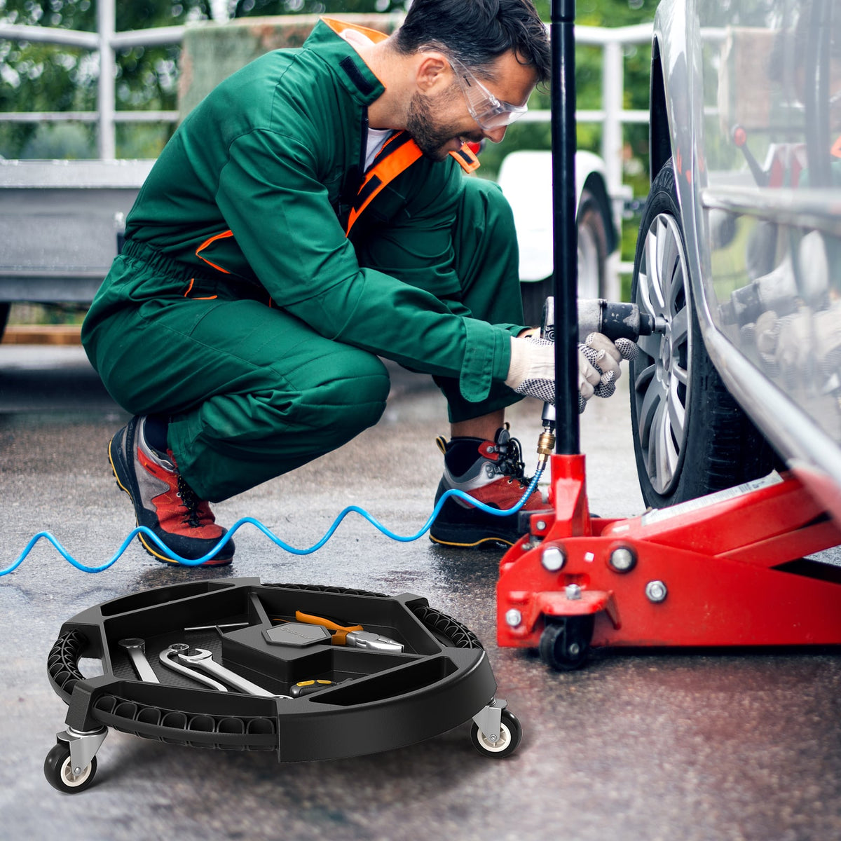 Mobile Automotive Tool Creeper with 3 Swivel Casters and 4 Compartments-Black-Garages-DECOROLALA