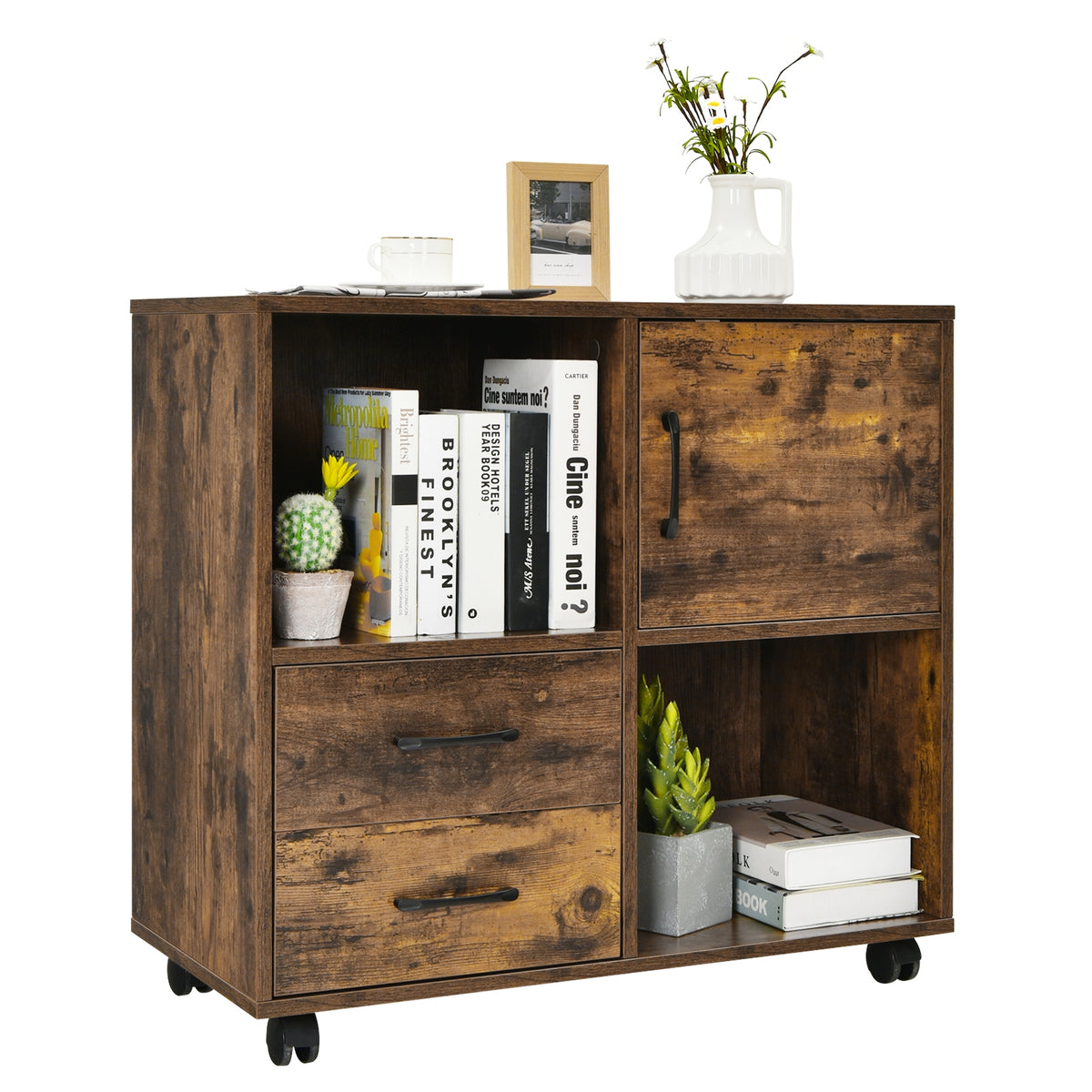 Mobile File Cabinet with Lateral Printer Stand and Storage Shelves-Brown-File Cabinets-DECOROLALA
