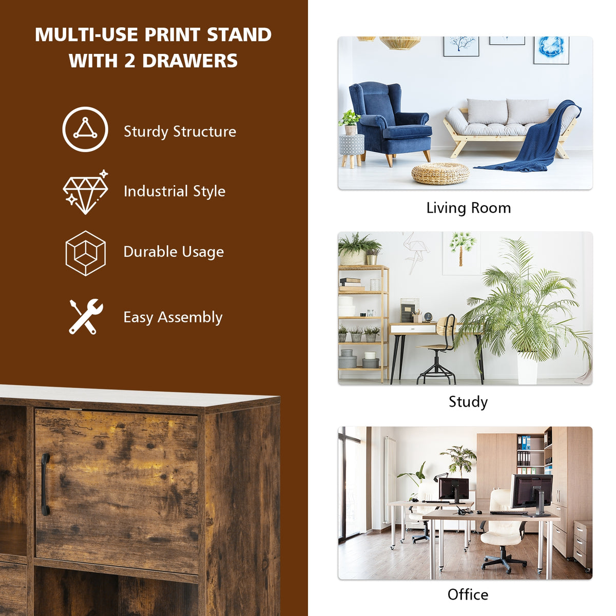 Mobile File Cabinet with Lateral Printer Stand and Storage Shelves-Brown-File Cabinets-DECOROLALA