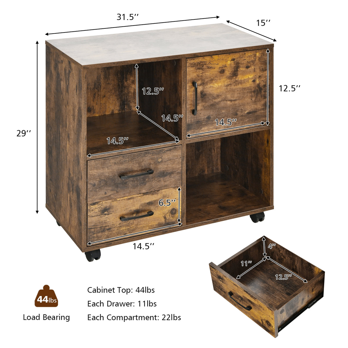 Mobile File Cabinet with Lateral Printer Stand and Storage Shelves-Brown-File Cabinets-DECOROLALA