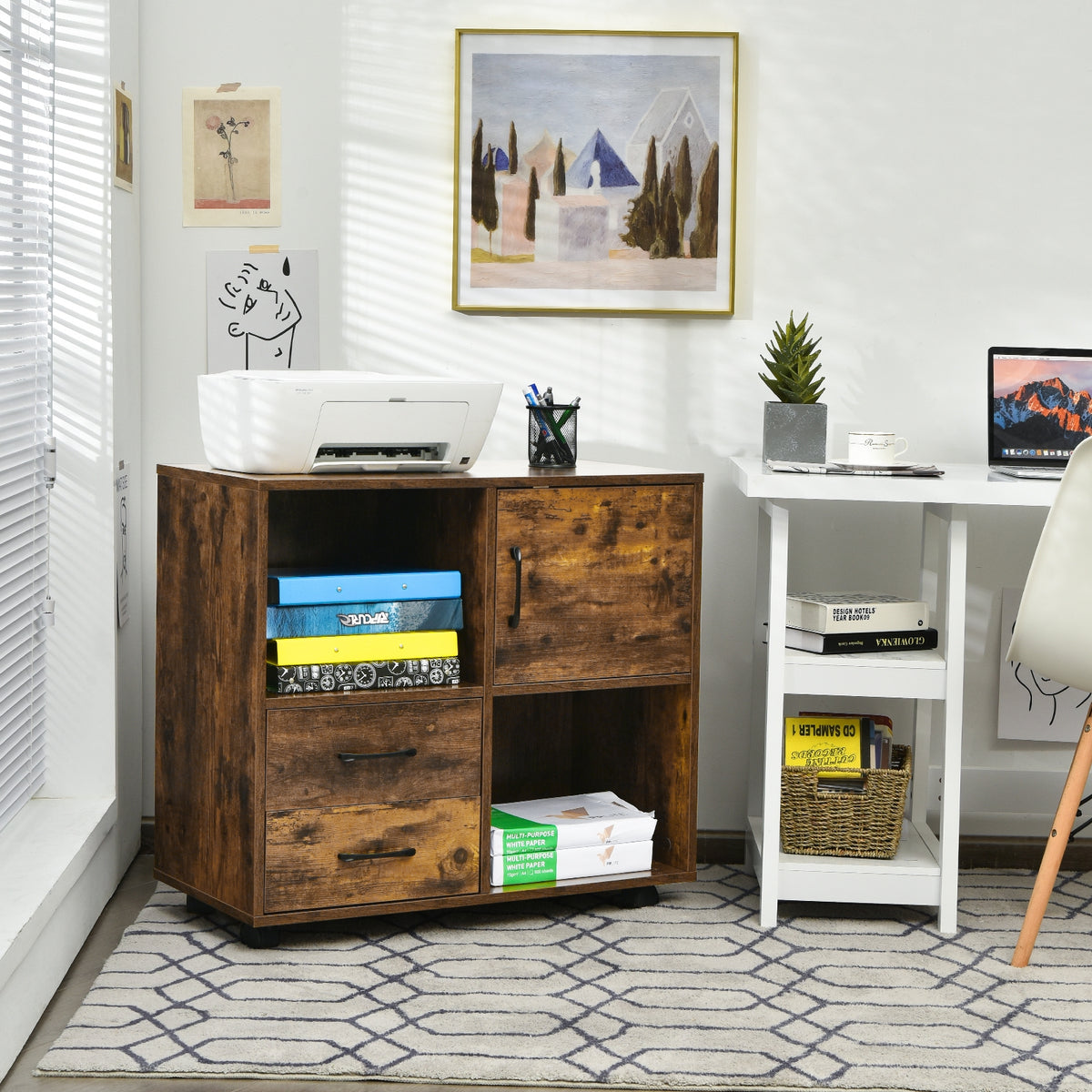 Mobile File Cabinet with Lateral Printer Stand and Storage Shelves-Brown-File Cabinets-DECOROLALA