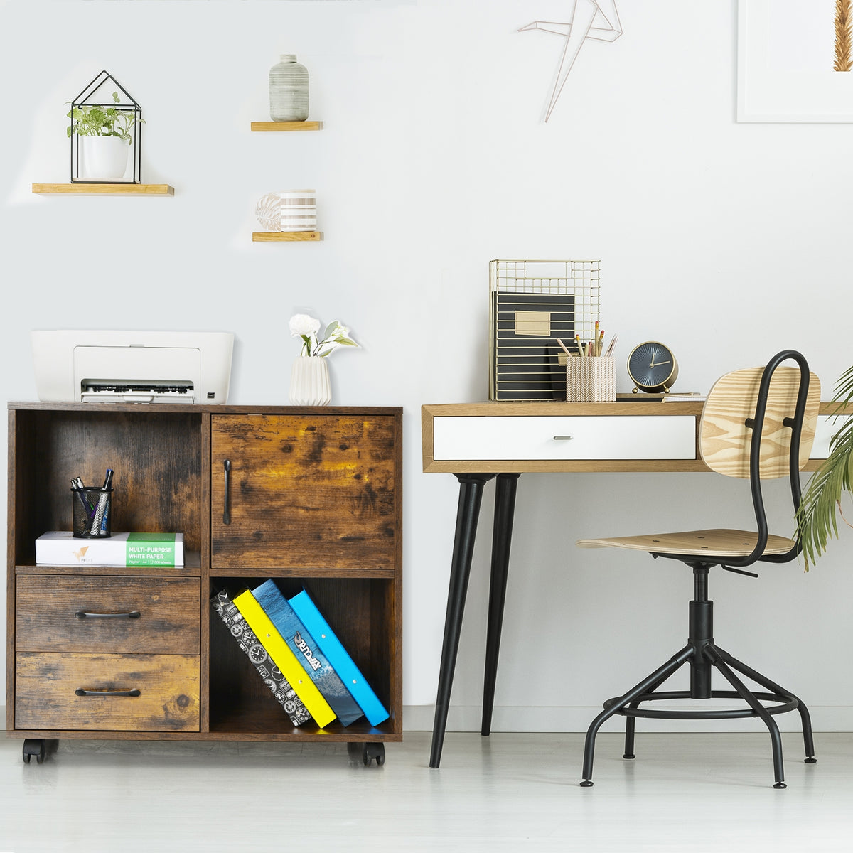 Mobile File Cabinet with Lateral Printer Stand and Storage Shelves-Brown-File Cabinets-DECOROLALA