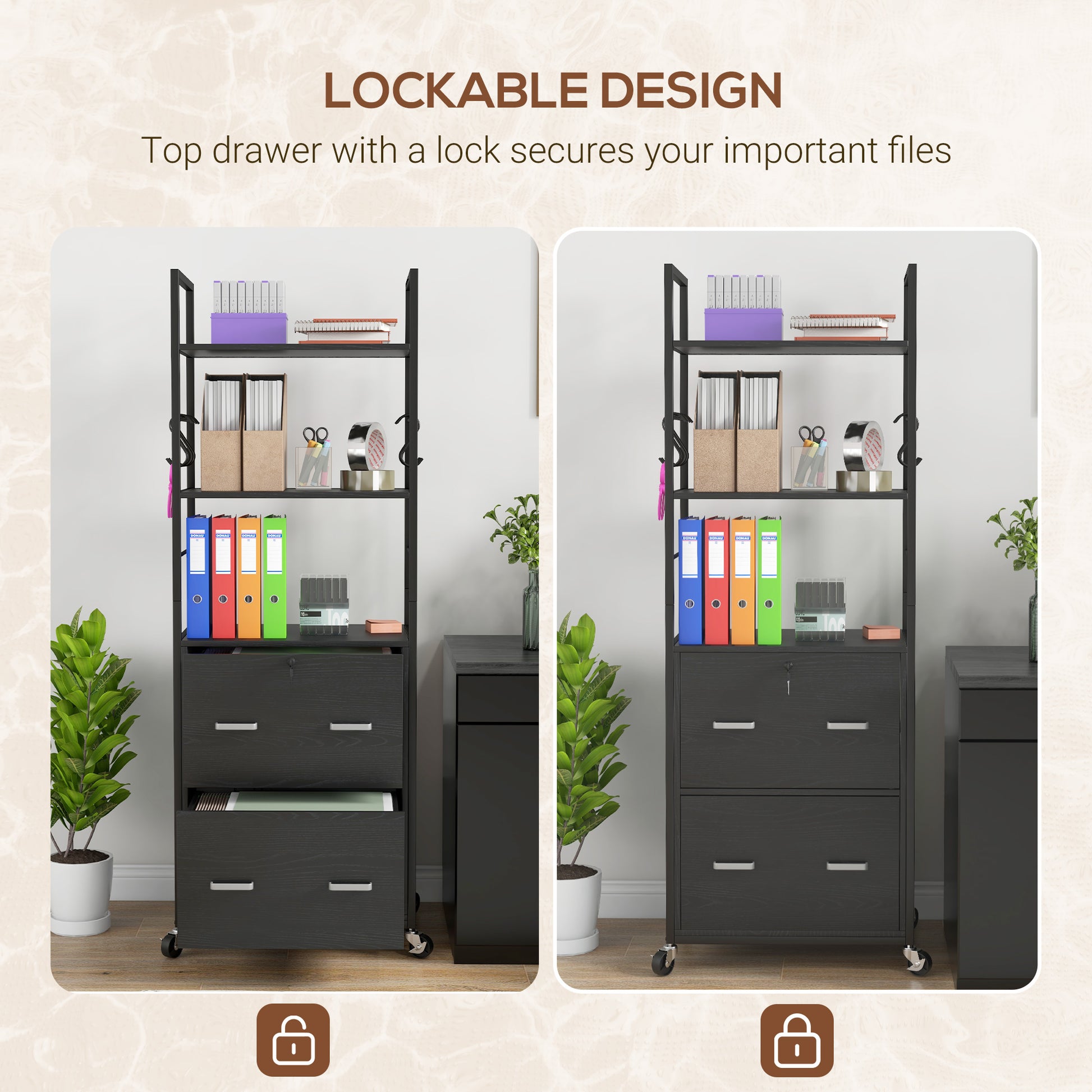 Mobile Filing Cabinet 2 Drawer File Cabinet with Key Adjustable Hanging Bar for Letter A4 and Legal Size Black-Office Products > Office Furniture > Office Cabinets & Cupboards-DECOROLALA