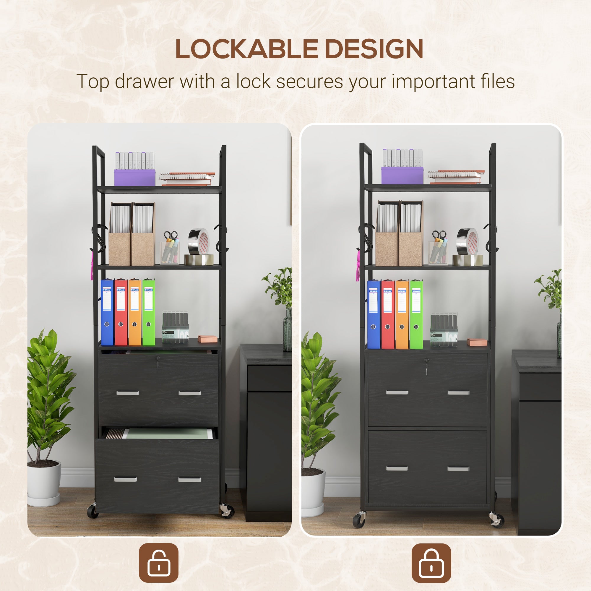 Mobile Filing Cabinet 2 Drawer File Cabinet with Key Adjustable Hanging Bar for Letter A4 and Legal Size Black-Office Products > Office Furniture > Office Cabinets & Cupboards-DECOROLALA