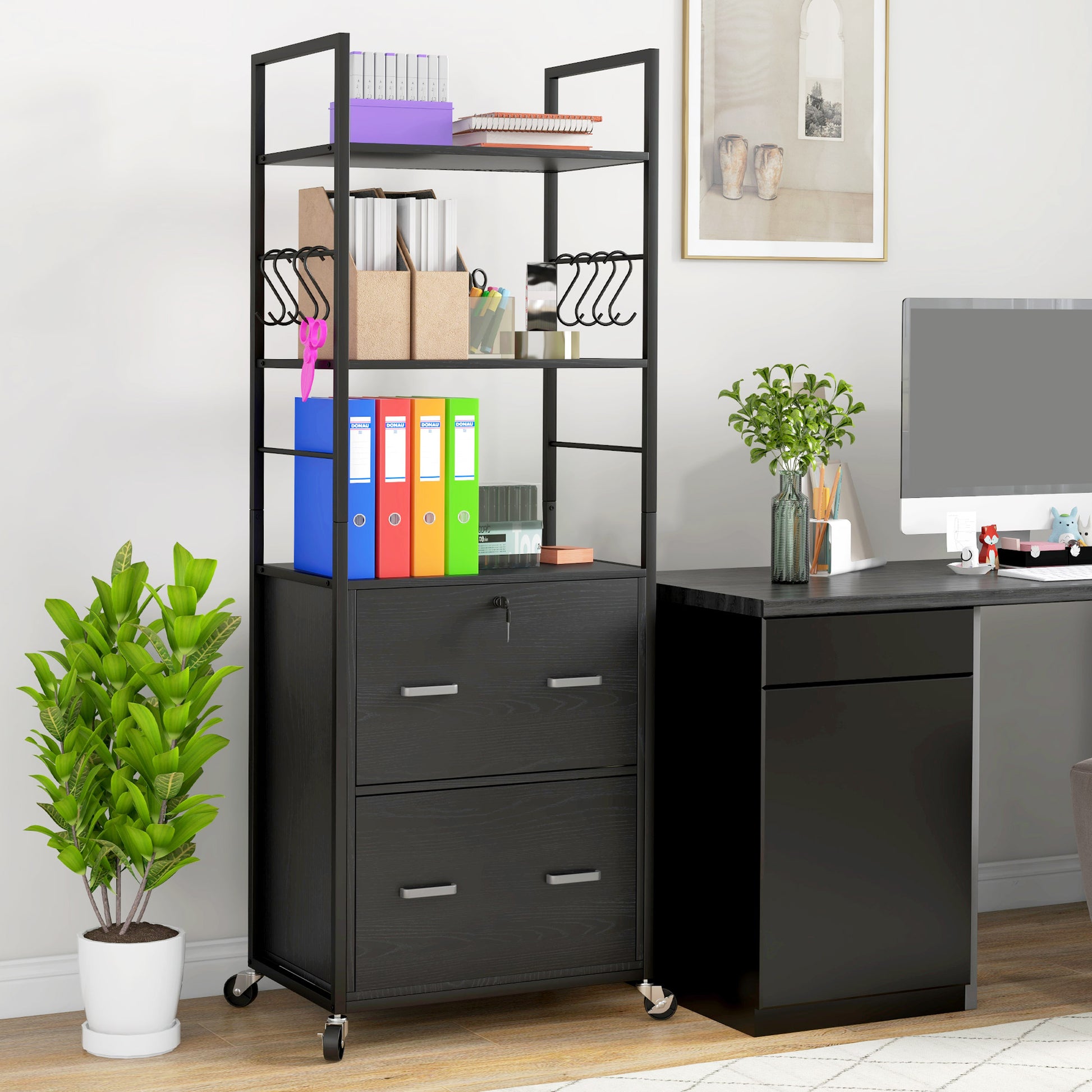 Mobile Filing Cabinet 2 Drawer File Cabinet with Key Adjustable Hanging Bar for Letter A4 and Legal Size Black-Office Products > Office Furniture > Office Cabinets & Cupboards-DECOROLALA