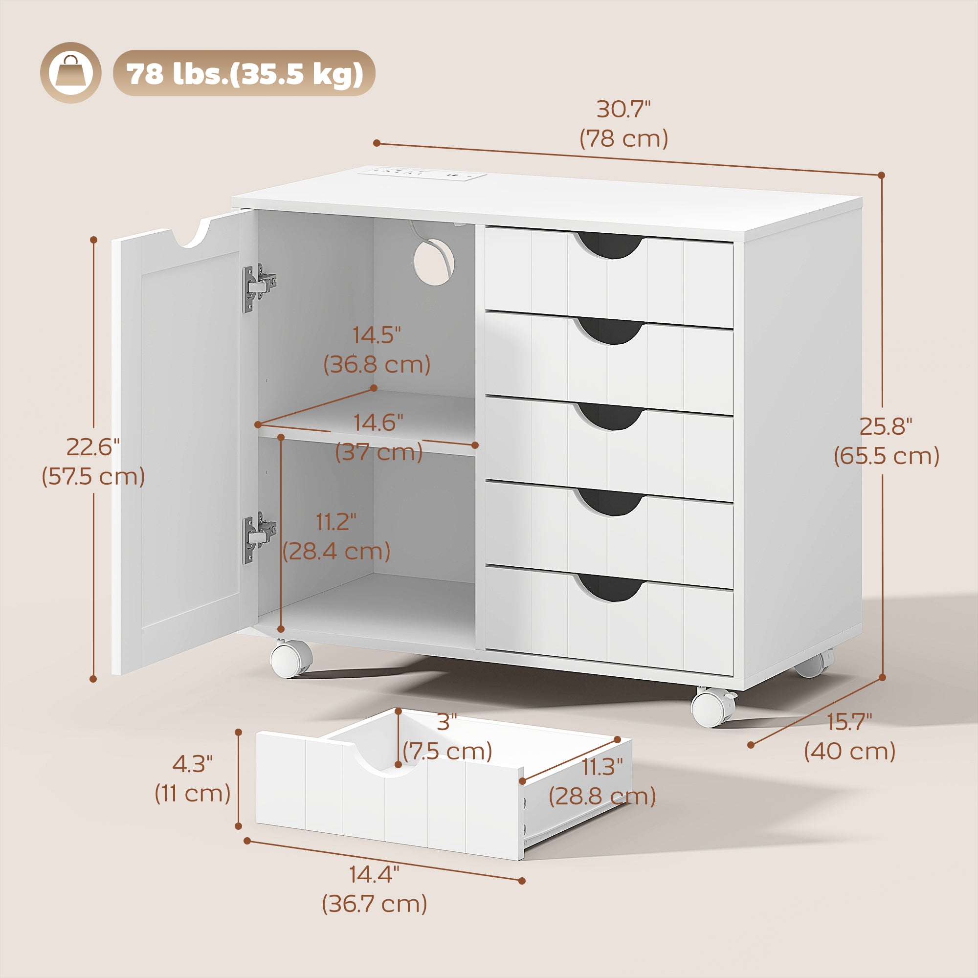 Mobile Filing Cabinet - Printer Stand with Power Outlets, White-Office Products > Office Furniture > Office Cabinets & Cupboards-DECOROLALA