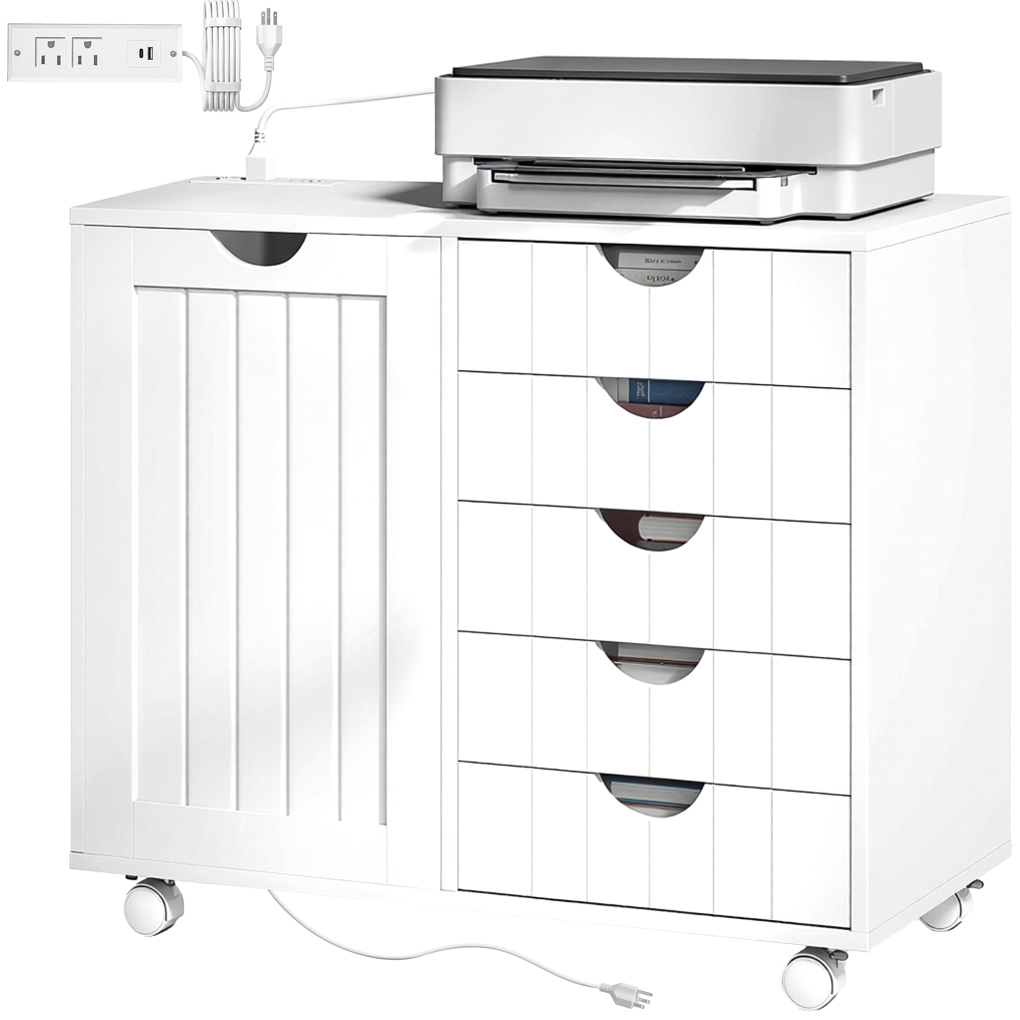 Mobile Filing Cabinet - Printer Stand with Power Outlets, White-Office Products > Office Furniture > Office Cabinets & Cupboards-DECOROLALA