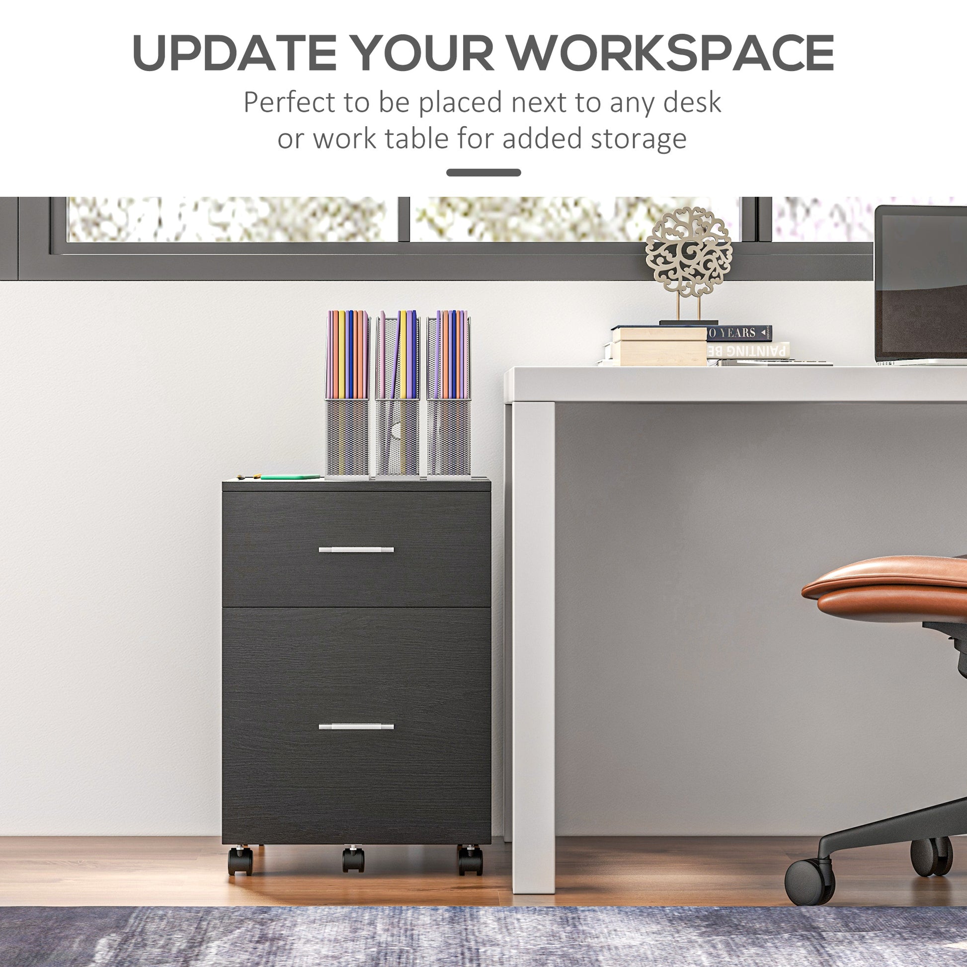 Mobile Filing Cabinet, Vertical File Cabinet with 2 Drawers, Wheels, for Letter or A4 File, Black-Office Products > Office Furniture > Office Cabinets & Cupboards-DECOROLALA