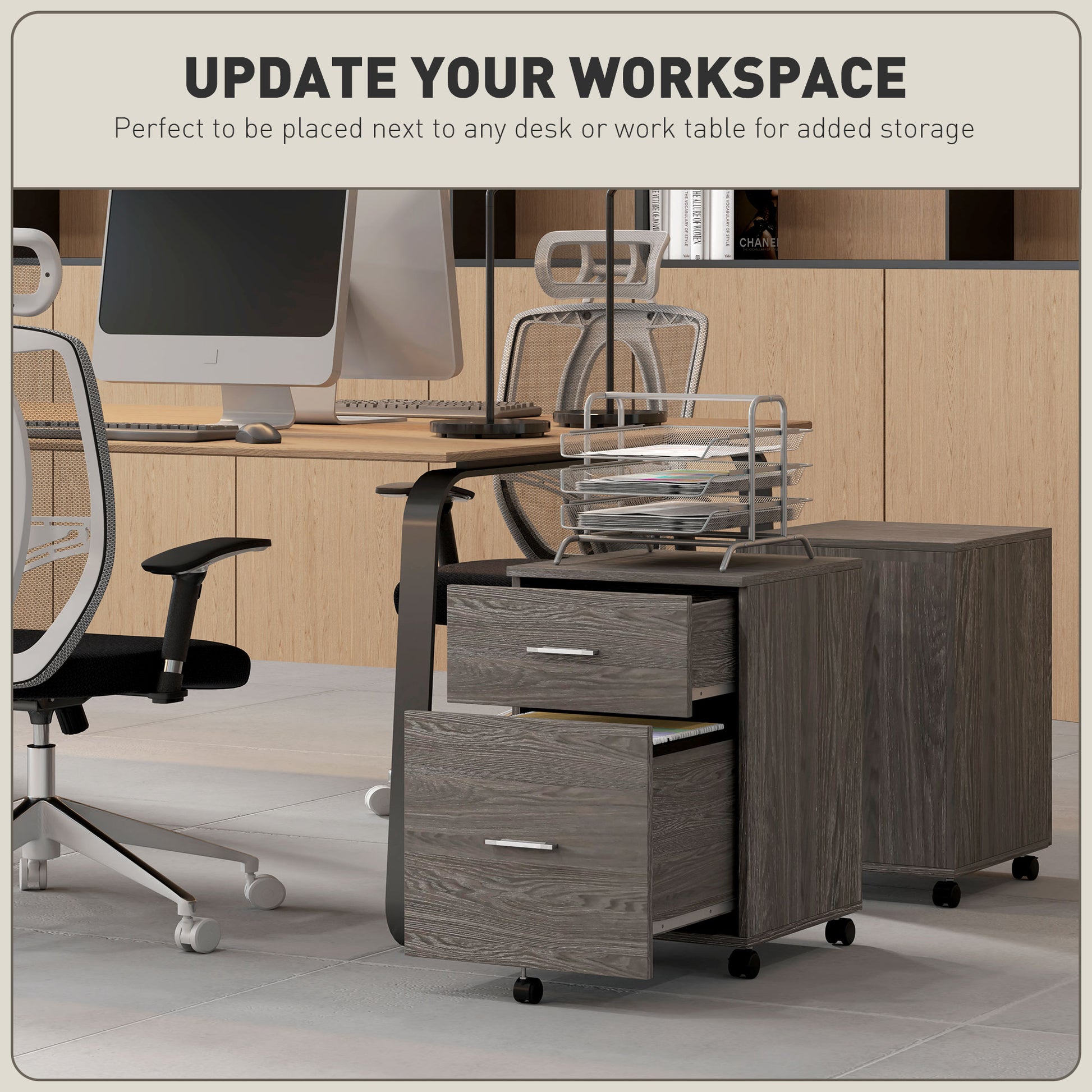 Mobile Filing Cabinet, Vertical File Cabinet with 2 Drawers, Wheels, for Letter or A4 File, Grey-Office Products > Office Furniture > Office Cabinets & Cupboards-DECOROLALA