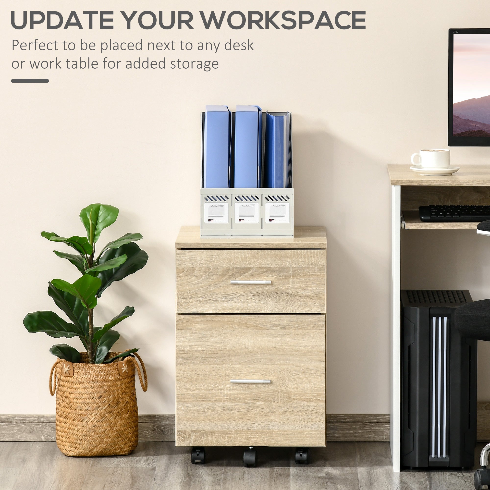 Mobile Filing Cabinet, Vertical File Cabinet with 2 Drawers, Wheels, for Letter or A4 File, Natural-Office Products > Office Furniture > Office Cabinets & Cupboards-DECOROLALA