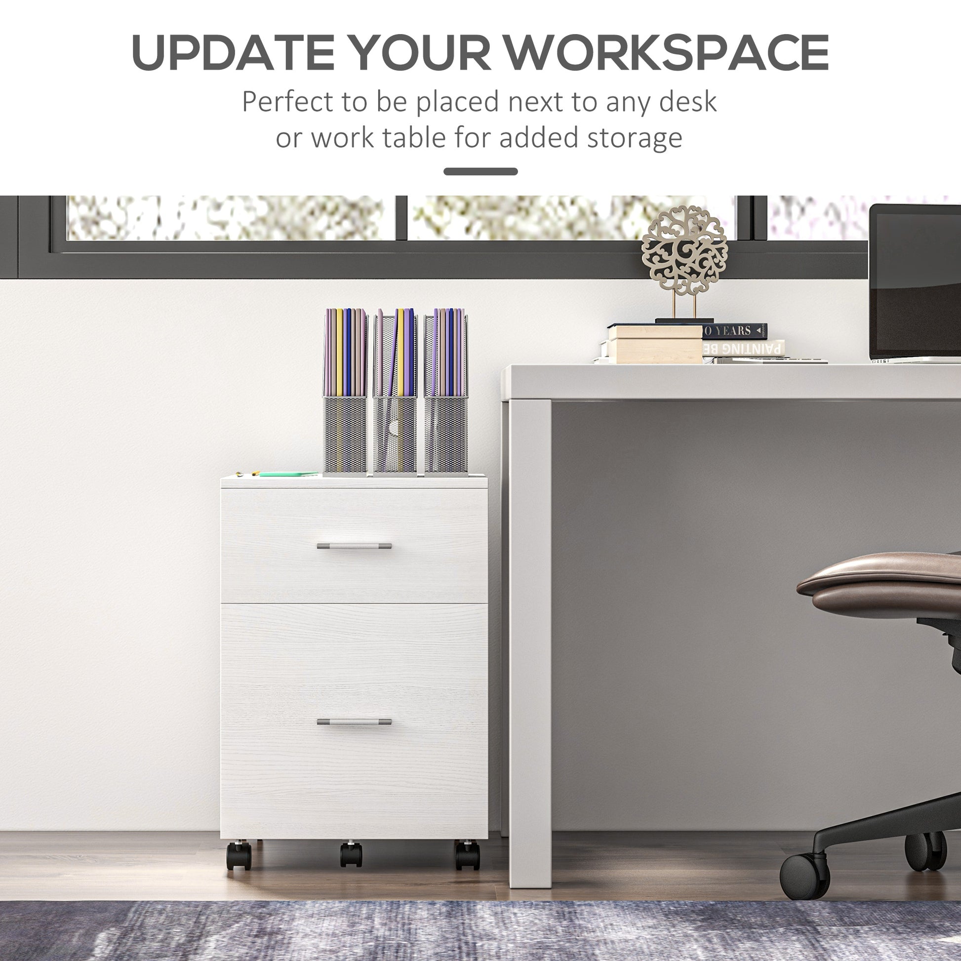 Mobile Filing Cabinet, Vertical File Cabinet with 2 Drawers, Wheels, for Letter or A4 File, White-Office Products > Office Furniture > Office Cabinets & Cupboards-DECOROLALA