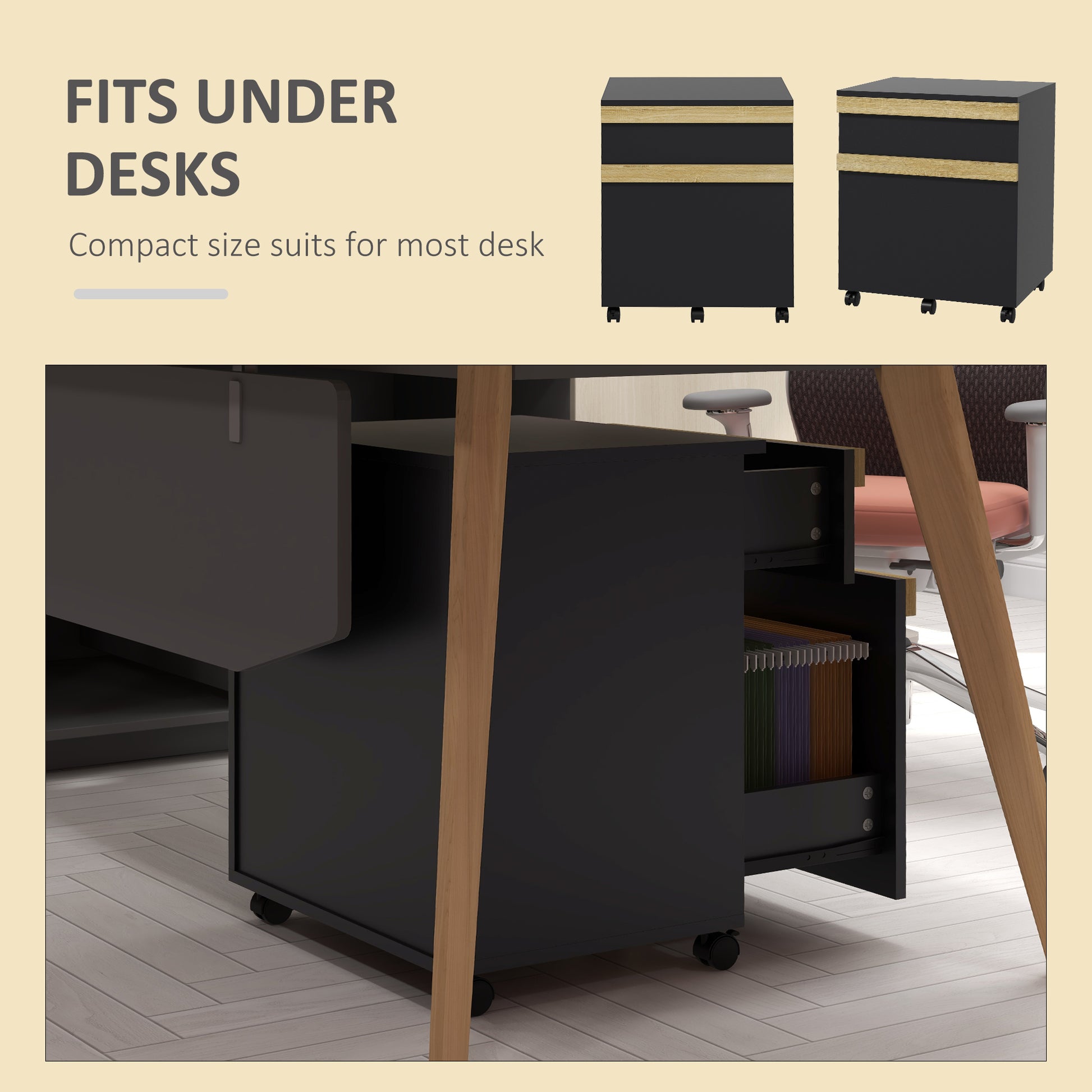 Mobile Filing Cabinet with 2 Drawers, Office Storage Cabinet with 5 Wheels, Black Wood Grain-Office Products > Office Furniture > Office Cabinets & Cupboards-DECOROLALA