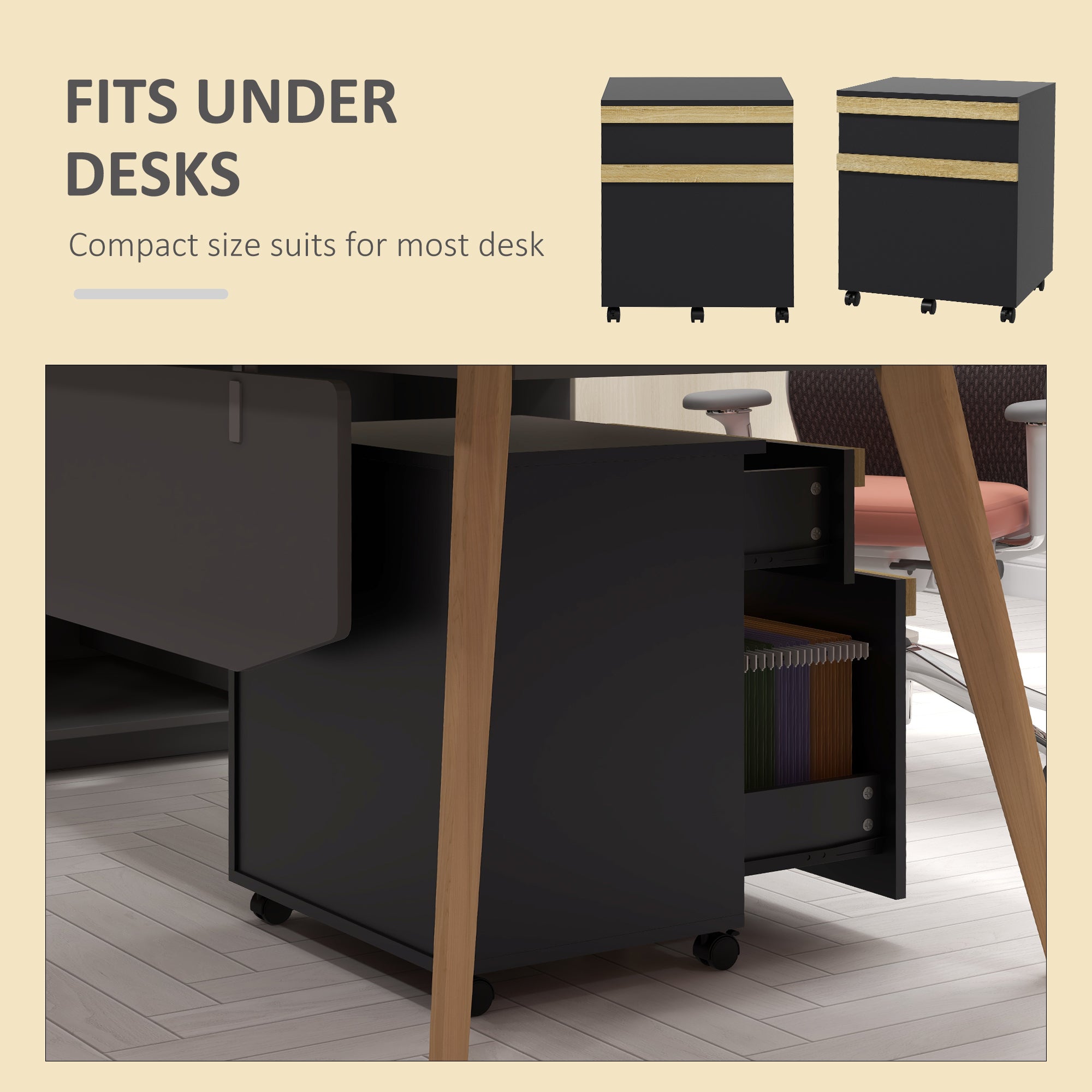 Mobile Filing Cabinet with 2 Drawers, Office Storage Cabinet with 5 Wheels, Black Wood Grain-Office Products > Office Furniture > Office Cabinets & Cupboards-DECOROLALA