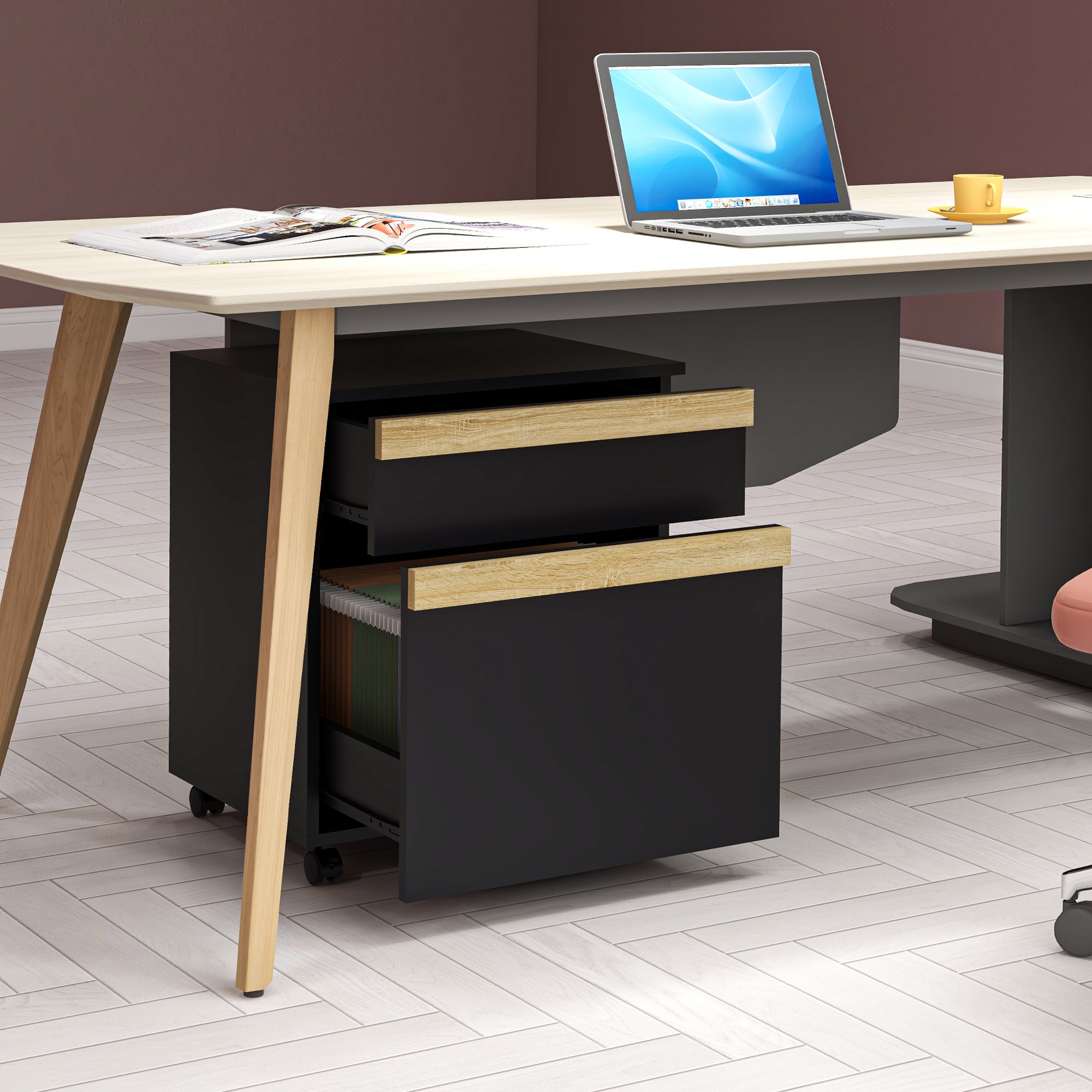 Mobile Filing Cabinet with 2 Drawers, Office Storage Cabinet with 5 Wheels, Black Wood Grain-Office Products > Office Furniture > Office Cabinets & Cupboards-DECOROLALA