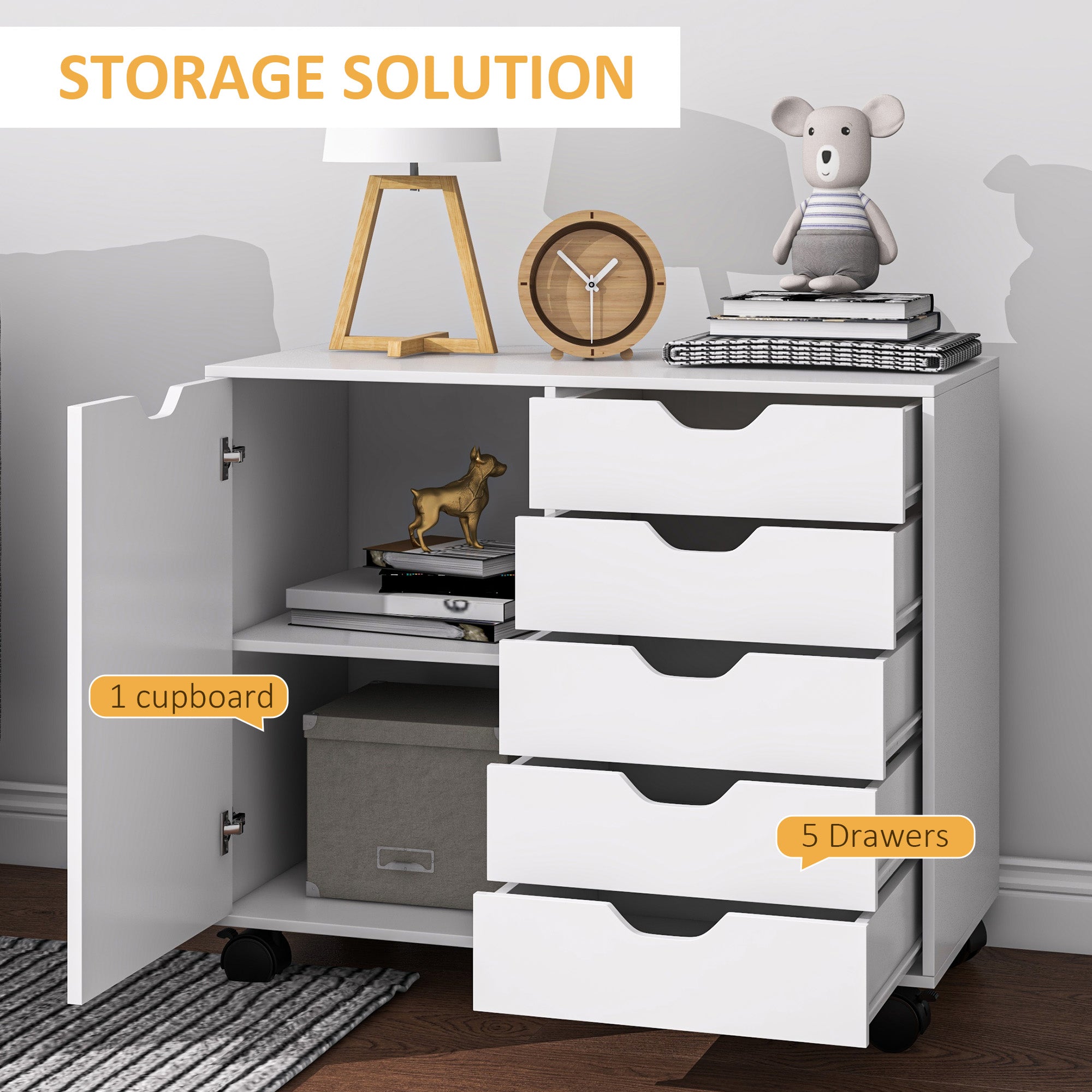 Mobile Filing Cabinet with 5 Drawers, Door and Adjustable Shelf, Rolling File Cabinet, Printer Table for Study-Office Products > Office Furniture > Office Cabinets & Cupboards-DECOROLALA